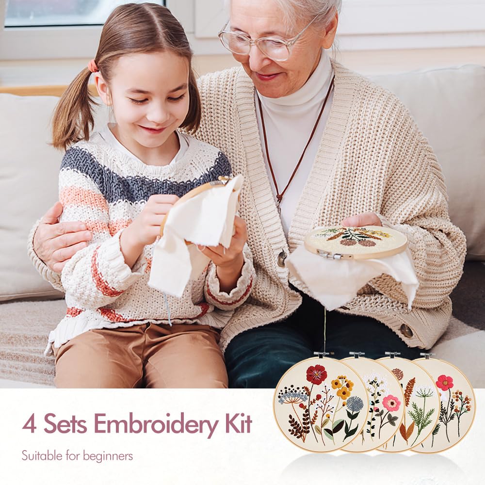 Embroidery Kit, 4 Sets Embroidery Kit for Beginners with Stamped Flower Pattern, Cross Stitch Starter Kits for Adults Hand Craft Lover with Embroidery Hoop, Instructions and Threads