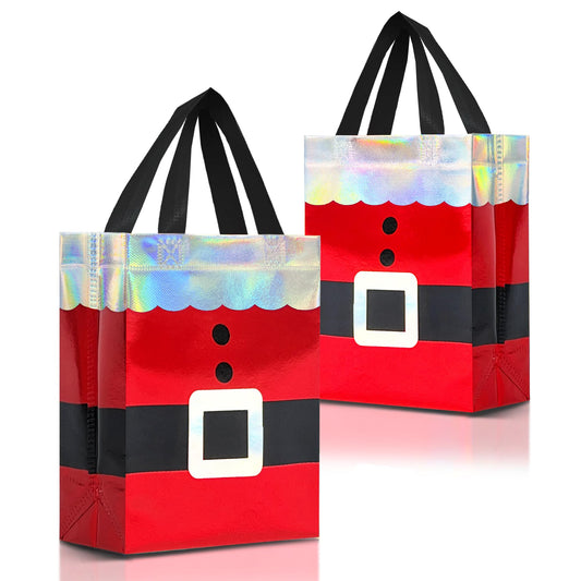 Nush Nush 12 Christmas Gift Bags Medium Size – Reusable Christmas Bags for Gifts With Handles and Holographic Santa Design - Perfect for Holiday Gifts, Presents,Goodies, Xmas Party Favors - 8 x4 x 10