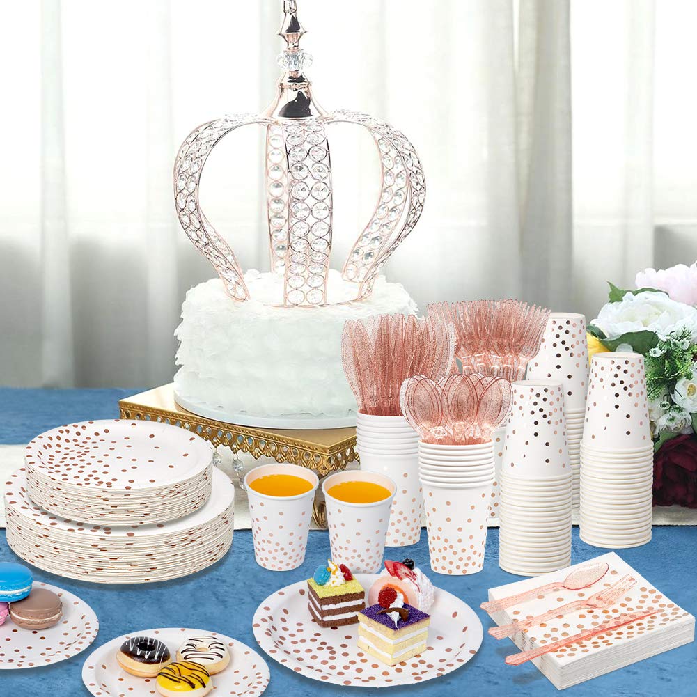 White & Rose Gold Party Supplies - 350 PCS Disposable Dinnerware Set with Paper Plates Napkins Cups, Plastic Forks Knives Spoon for Women Girls Birthday Graduation Bridal Shower Engagement Wedding