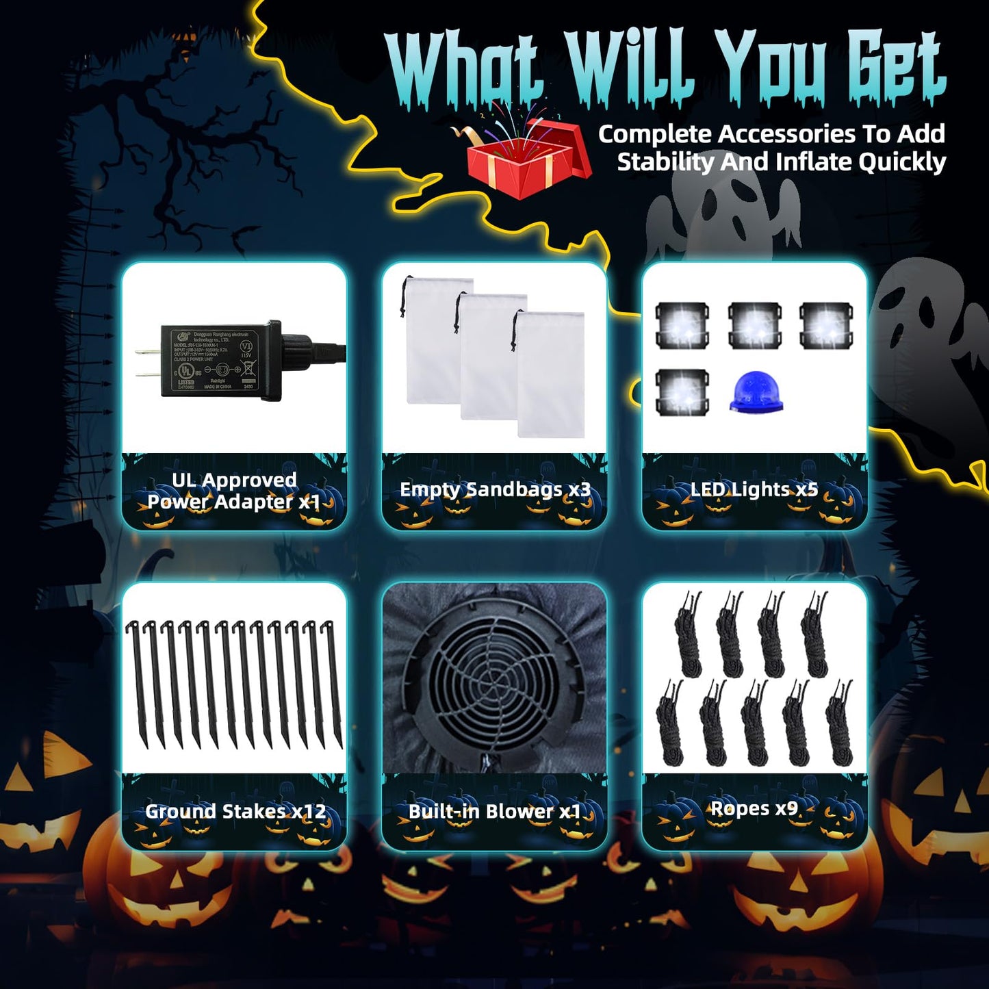 12FT Halloween Inflatables Pumpkin Reaper, Giant Pumpkin Ghost Inflatable Halloween Decorations with Blue Rotating LED Lights Blow Up Yard Decorations for Holiday Party Outdoor Garden Lawn