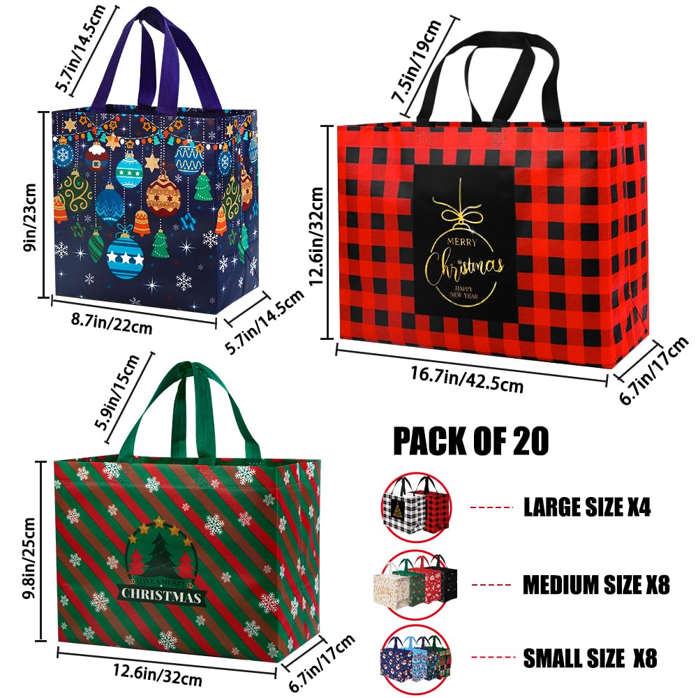 20pcs Christmas Gift Tote Bags, Xmas Treat Non-Woven Bag Reusable Large Medium Small Xmas Shopping Wrapping Bags for Christmas Holiday Party Favors Supplies