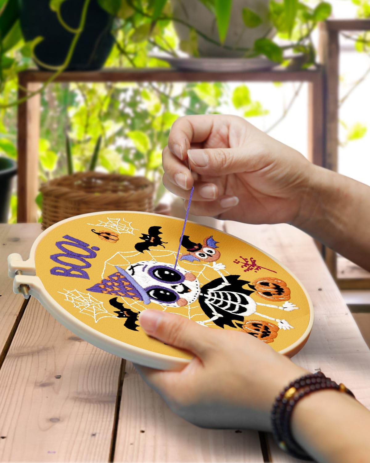 TINDTOP Halloween Embroidery Kit for Adult, 3 Pack Embroidery DIY Starter Kit, with Stamped Patterns, Hoop, Tools, Colorful Threads with Needles, Instructions