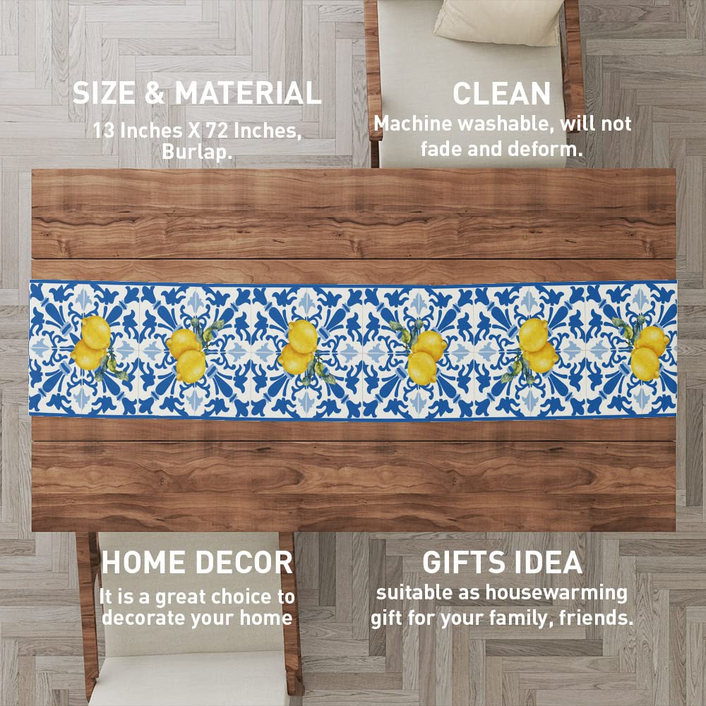 Italy Blue Tiles Runner Decorative, Italian Lemons Summer Table Runner Decorations for Dining Room Kitchen Dresser Decor for Party Holiday, Housewarming Gifts for Women Couple New Home, 13X72 Inches
