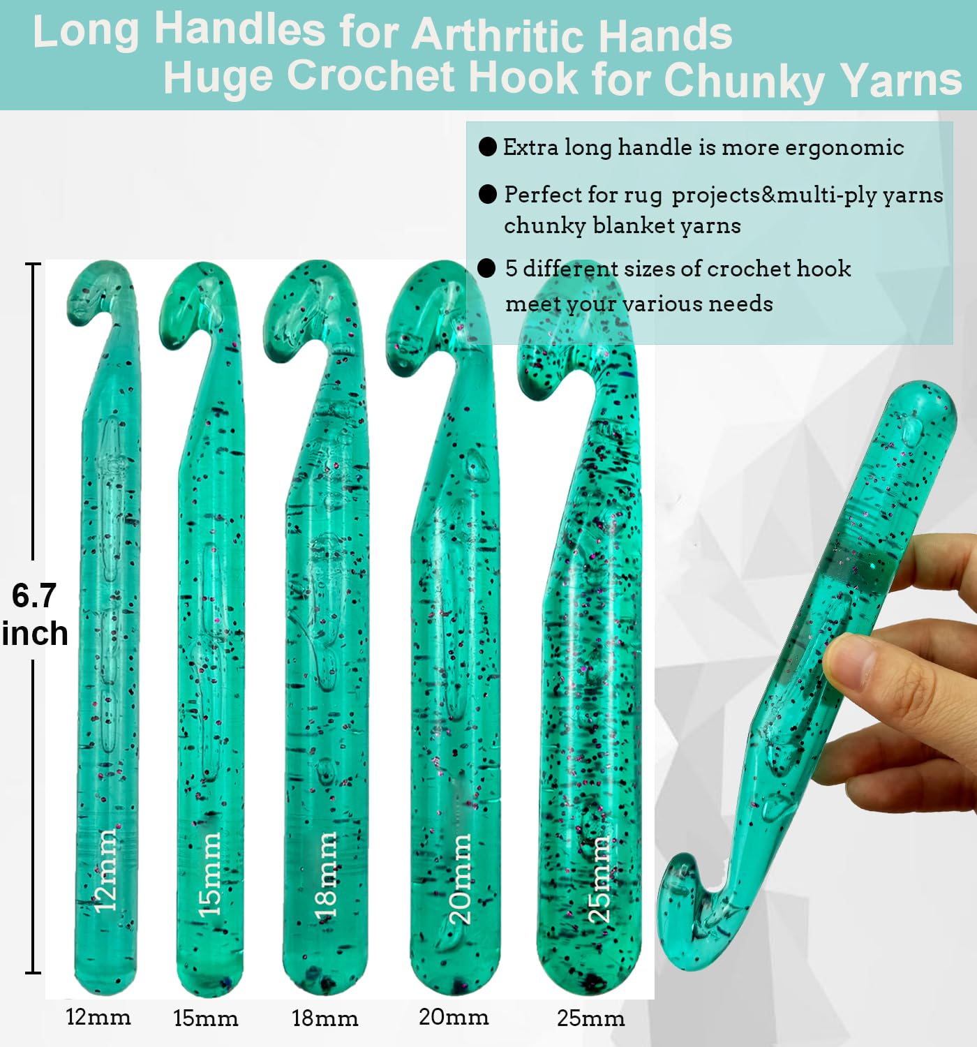 Weabetfu 15mm Large Crochet Hook,Huge Crochet Hooks for Chunky Yarn,Ergonomic Knitting Giant Crochet Needles,Big Crochet Hooks for Knitting Yarn Carpet Scarf Wool Roving, Green