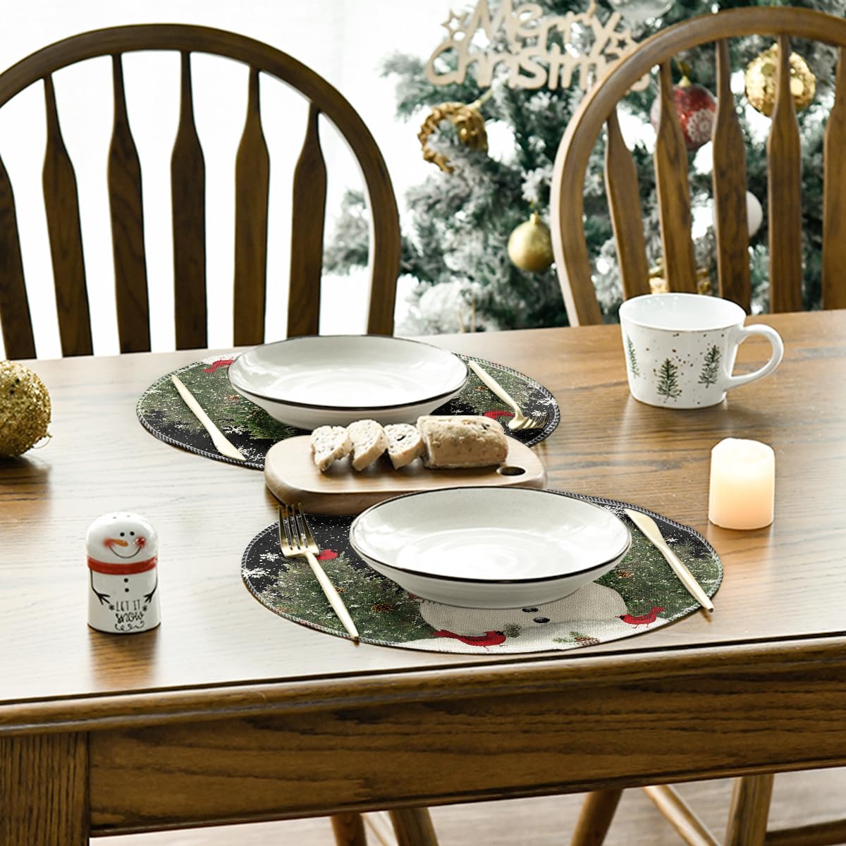 Snowman Trees Snowflakes Christmas Round Placemats Set of 4, 14 Inch Black Winter Round Table Mats for Dining Decoration