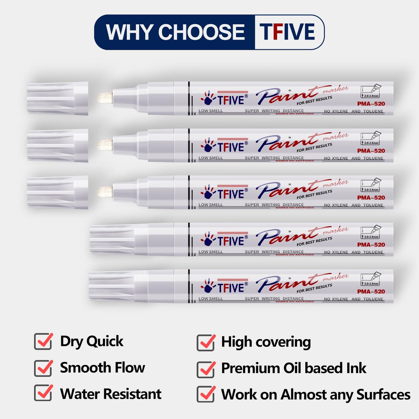 TFIVE White Paint Marker Paint Pens - 5 Pack Oil Based Permanent Marker Pen, Medium Tip, Waterproof & Quick Dry, for Office, Art projects, Rock Painting, Ceramic, Glass, Wood, Plastic, Metal, Canvas