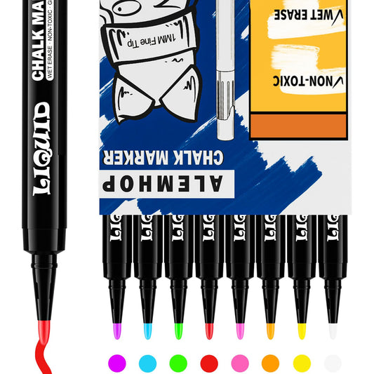 ALEMHOP Chalk Markers for Blackboard - Chalkboard Markers - Liquid Chlak Pens for Chalk board, First Day of School Signs, Window, Glass, Fine Tip, Multicolor, 8 Pack