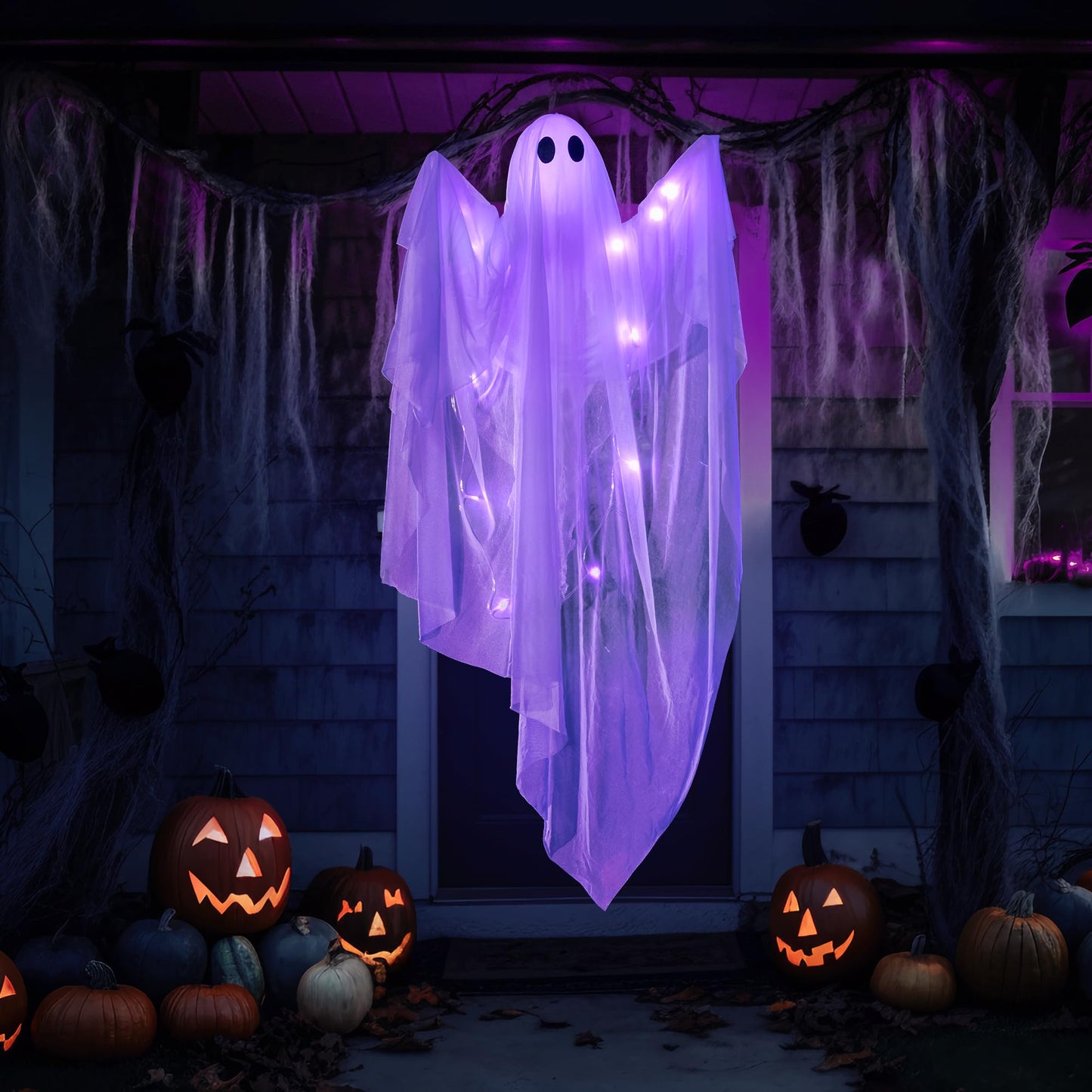 JOYIN Halloween Hanging Light up Ghost with Spooky Purple LED Light, 47” White Ghosts, Halloween Hanging Decoration for Front Yard Patio Lawn Garden Party Decor Indoor Outdoor