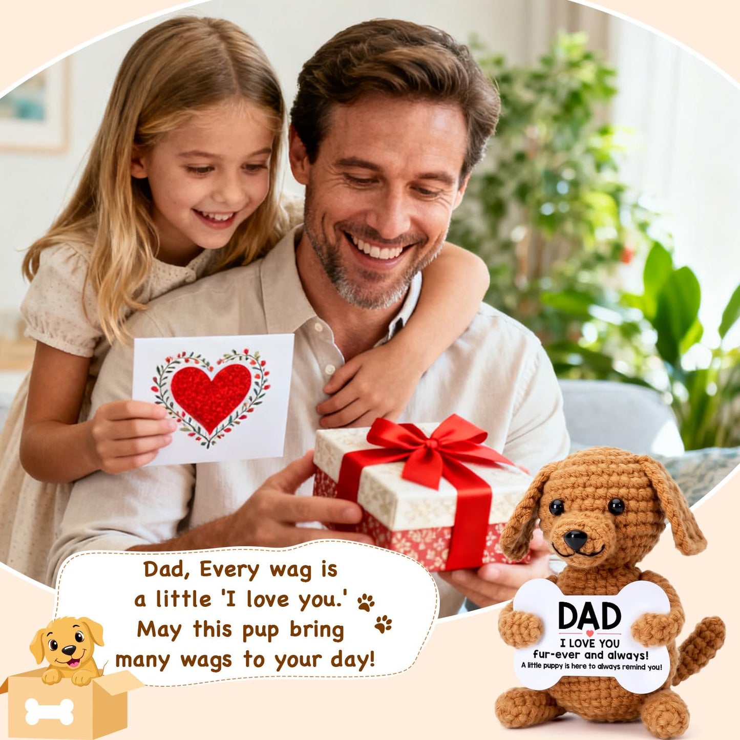 Funny Fathers Day Dad Gifts from Daughter Son, First New Bonus Step Dad Father’s Day Birthday Gifts from Kids Wife, Personalized Unique Daddy Presents Cool Stuff Cute Things, Small Happy Crochet Dog