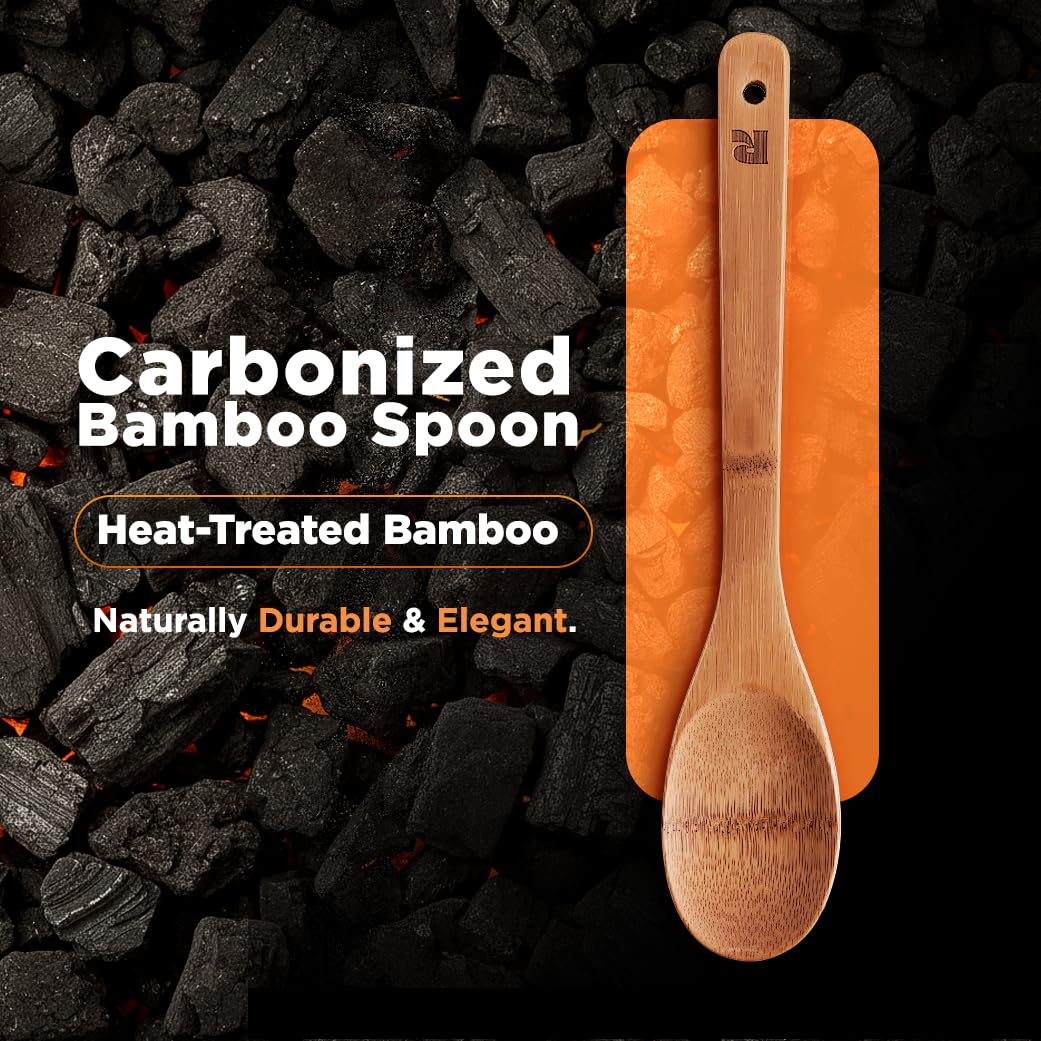 Dark Bamboo Wooden Spoons for Cooking 6-Piece, Apartment Essentials Wood Spatula Spoon Nonstick Kitchen Utensil Set Premium Quality Housewarming Gifts for Everyday Use