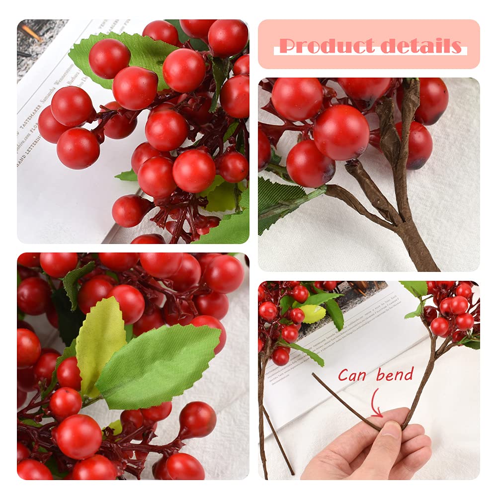 HUIANER 4 Pcs Artificial Red Berries, Christmas Fake Flowers Lifelike Redberry Stems Faux Fruit for Valentine's Day Wedding Home Kitchen Party Crafts Decoration(Red)