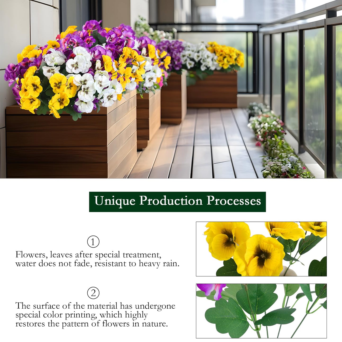 Hananona 12 Bundles Artificial Flowers Outdoor UV Resistant Artificial Silk Pansies Faux Plastic Flower in Bulk Fake Outdoor Plants(12, Yellow, White, Purple)