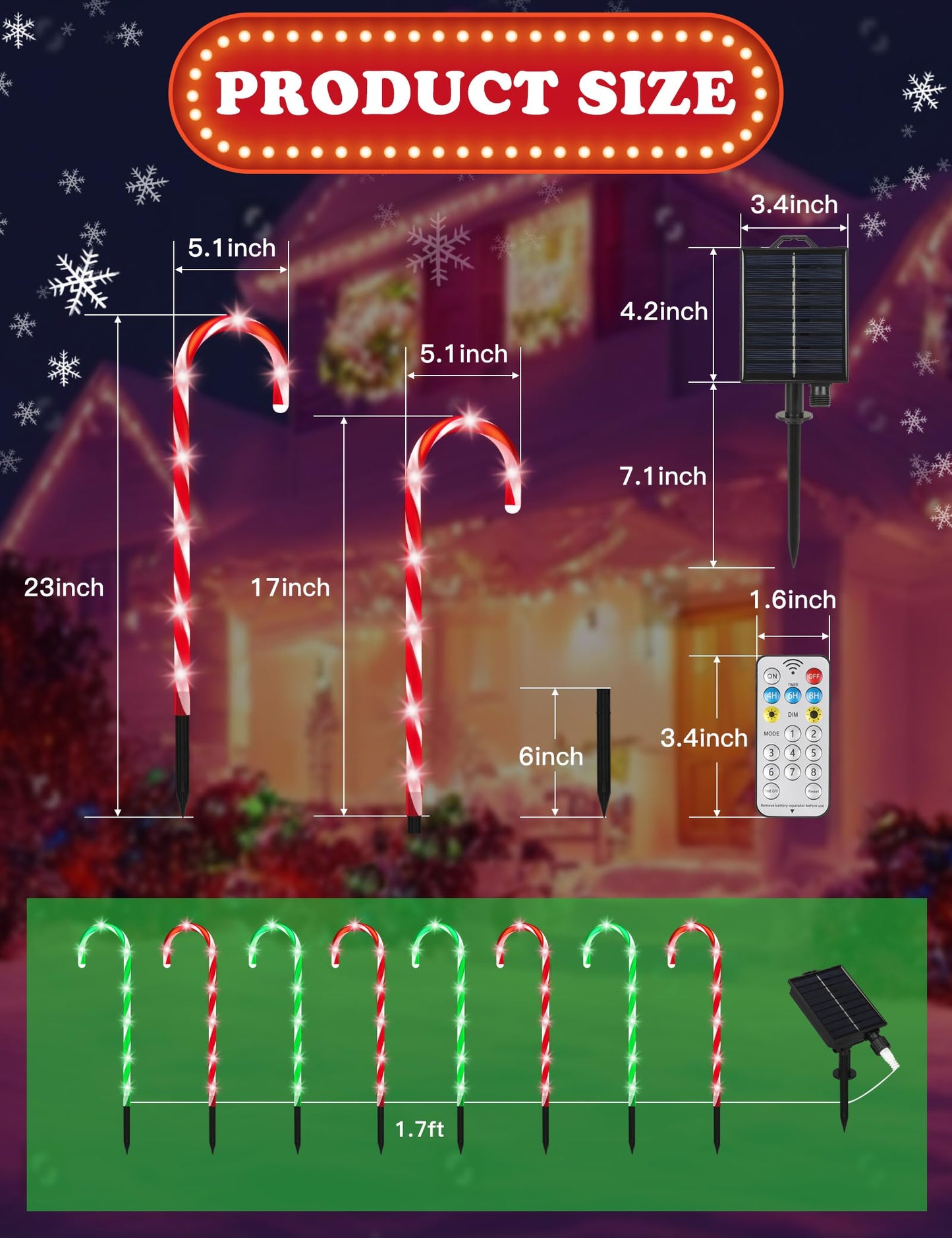 Solar Christmas Pathway Lights Outdoor Decorations, Solar Candy Cane Lights for Yard Patio Garden Walkway with 8 Light Mode, Remote, Timer, 48 LED, Upgraded Christmas Outdoor Decorations, 8 Pack