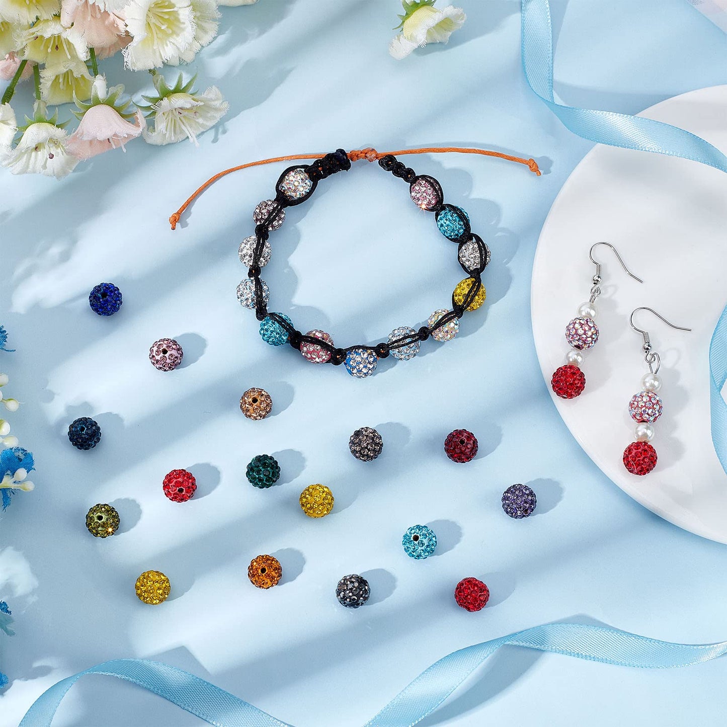 PH PandaHall 10mm Crystal Beads Rhinestones Beads 100pcs Pave Disco Ball Beads Mixed Color Polymer Clay Diamond Round Beads for Summer Bling Pen Bracelet Necklace Earring Jewelry Making Christmas