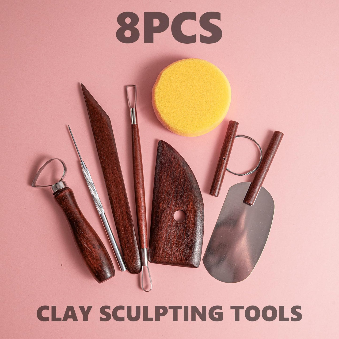 8PCS Stained Wooden Pottery Sculpting Tools, Wood Clay Cleaning Tool Set, Ceramic Modeling Tool for Carving, Molding, Cutting, Trimming, Pottery Wheel, Crafting, Beginners, Adults, Students
