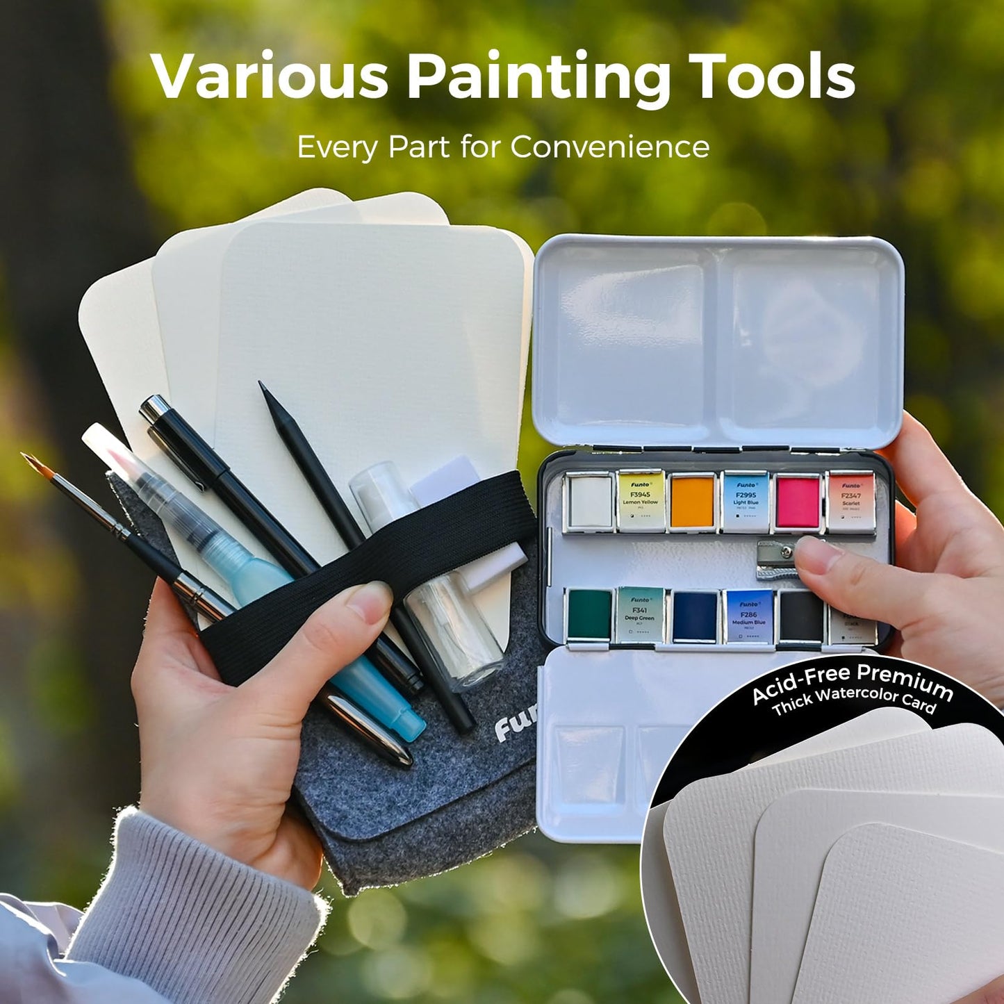 Funto Travel Watercolor Set, 12-Color Paint, 10 Premium Postcards, Brush, Brush Pen, Fineliner, Pencil, Painting Set for Adults, Beginner, and Artists
