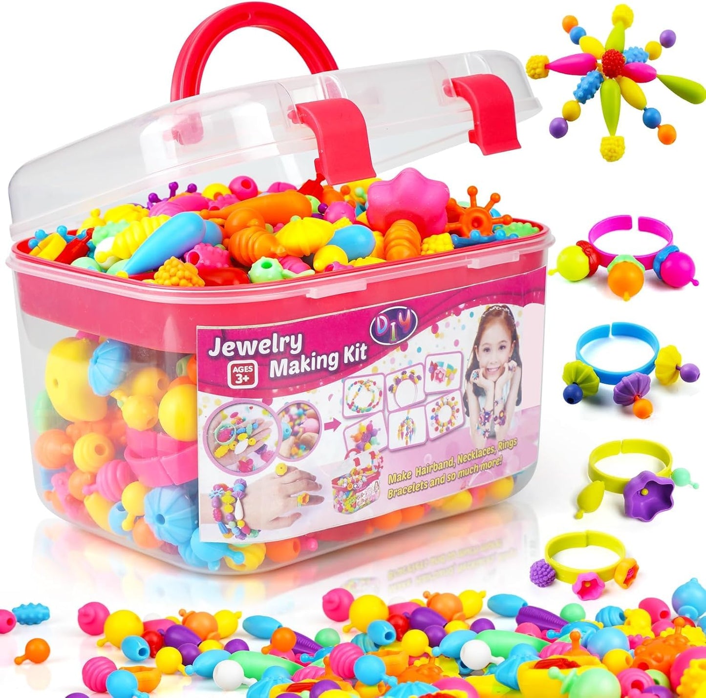 FUNZBO 520+ Snap Pop Beads - Jewelry Making Kit, Arts and Crafts for Kids Ages 4-8, Toys for 3 4 5 6 Years Old Girls Birthday Gifts Ideas, Bracelet Necklace Ring Set for Little Girls