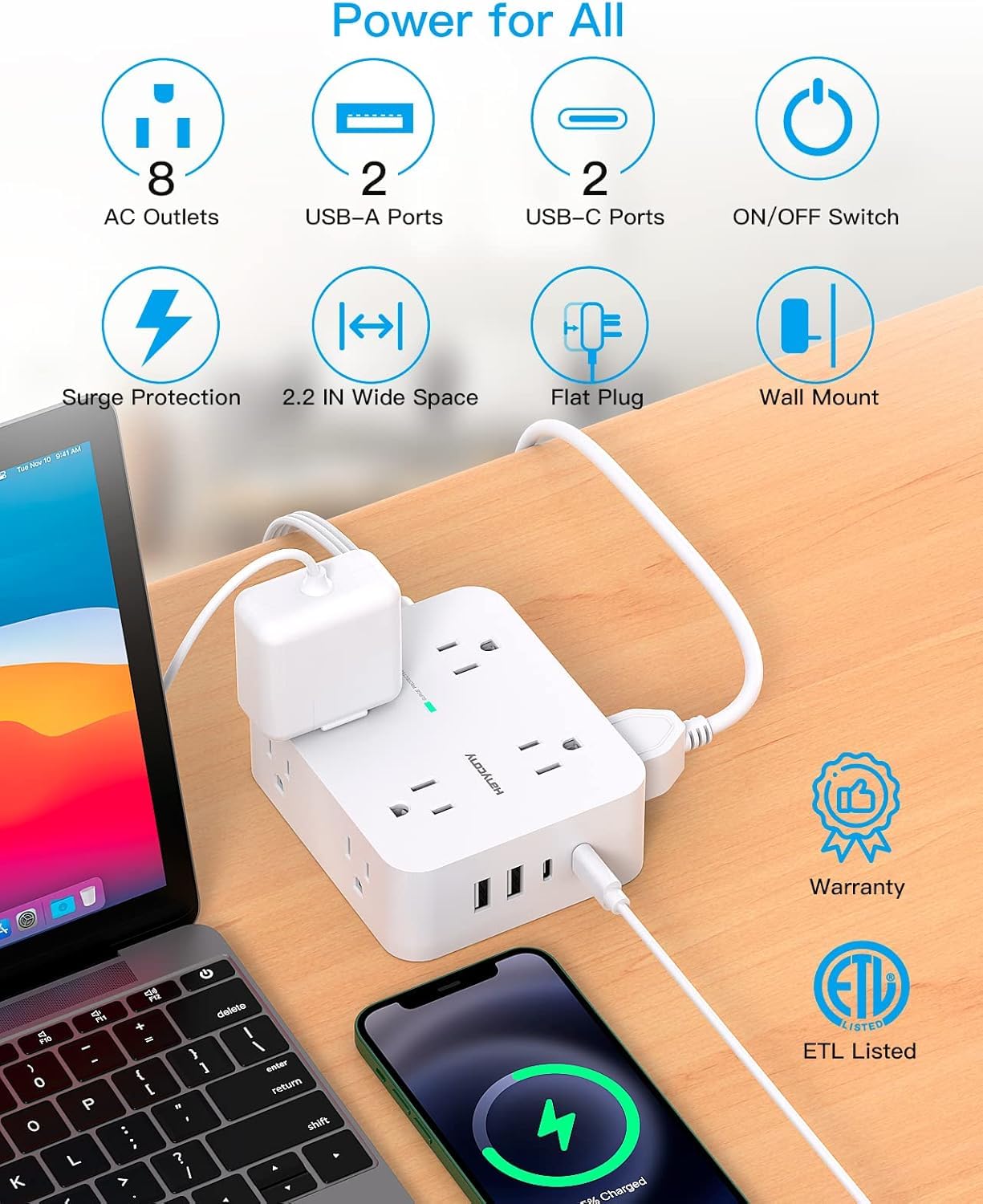 Extension Cord 25 Ft, Power Strip with 4 USB Ports(2 USB C), 1080J Surge Protection, 8 Outlets Extender Desk Charging Station for Home Office Dorm Room Essentials