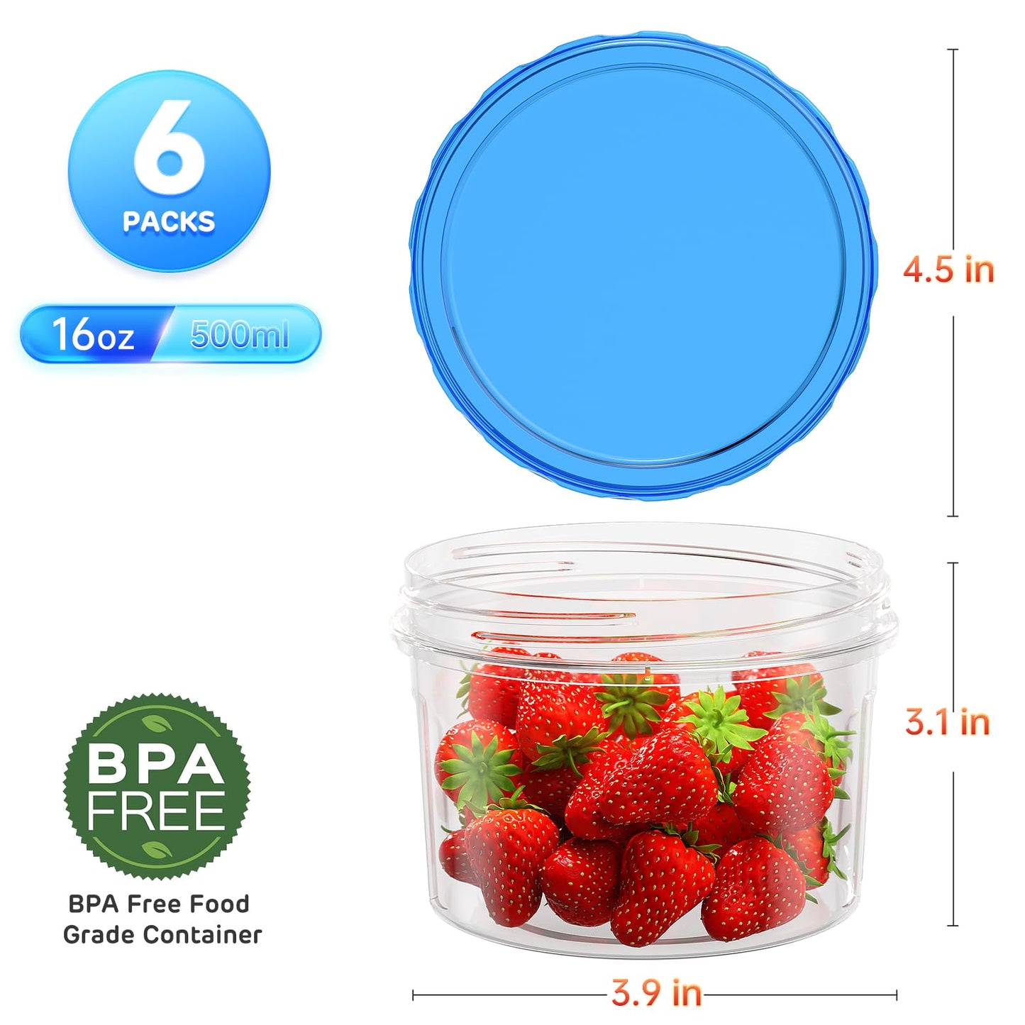 Freezer Storage Containers, [6 Pack-16 Oz] Airtight Plastic Food Storage Containers with Twist Top Lids, Soup, Meal Prep Containers | BPA Free | Stackable | Leakproof | Microwave/Dishwasher Safe