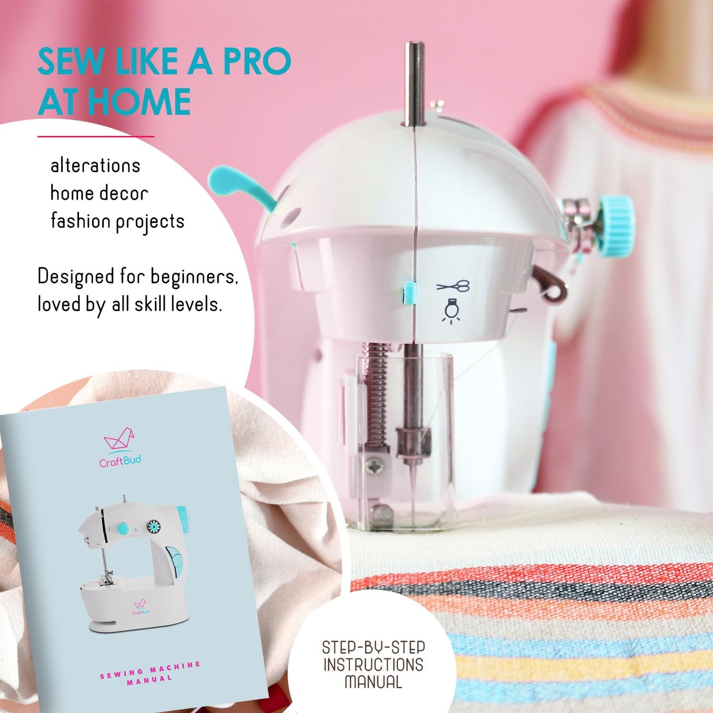 CraftBud Mini Sewing Machine for Beginners, Dual Speed Small Portable Sewing Machine for Kids and Adults with Extension Table, 48 Piece Gift Set Includes, Pedal, Projects Book, Light and More, White