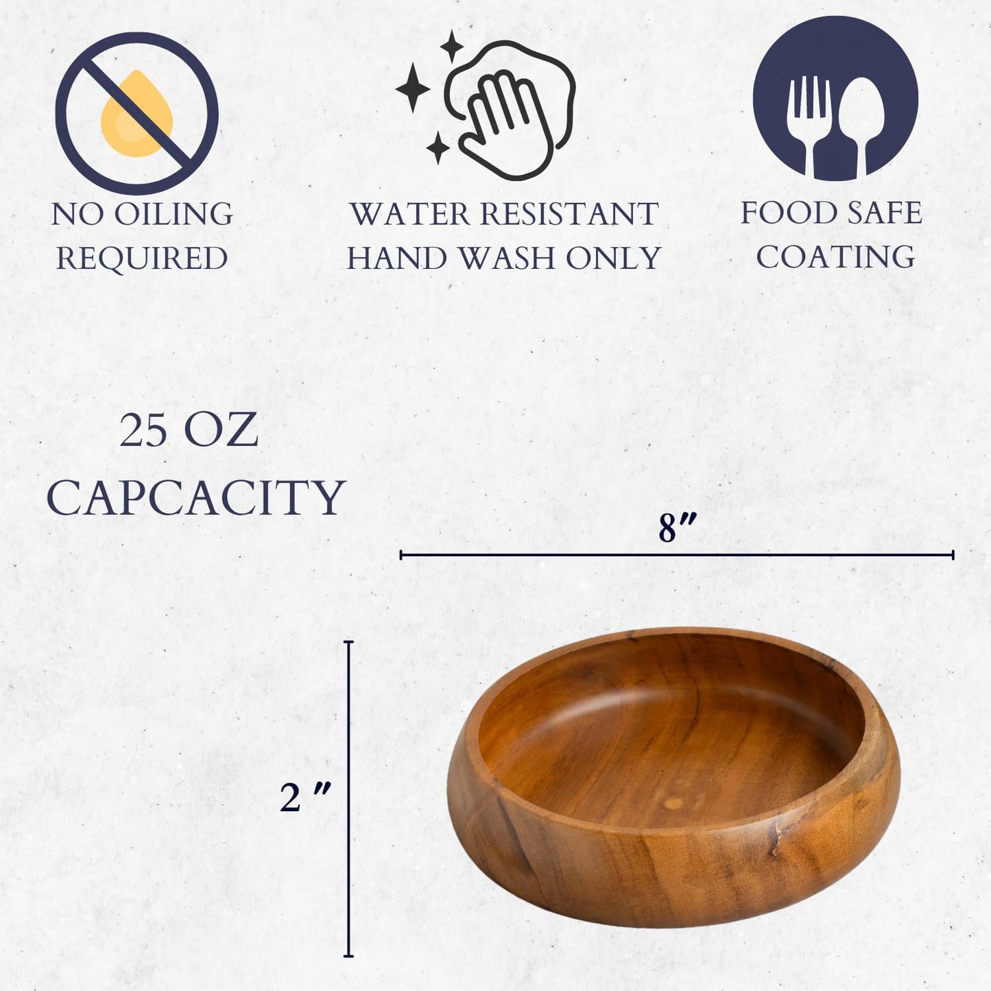 Set of 4 acacia wood bowls 8 x 2 inches (25 oz) with Food safe wood coating | Jointless plates type wood bowl for food | Wooden salad bowls set