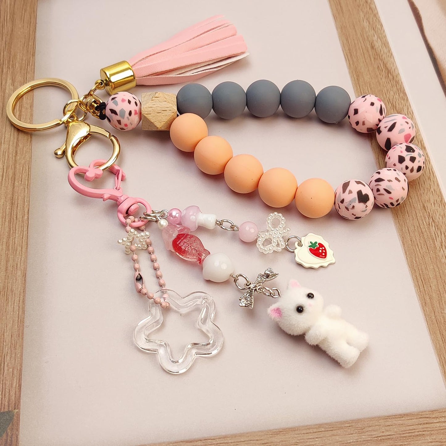 Nalefow Cute Pink Keychain, Fuzzy Cat Keychain Aesthetic Y2K KeychainCharms Stylish KeychainsAccessories for Bag Charms Purse Gifts (1PCS Pink White Cat)