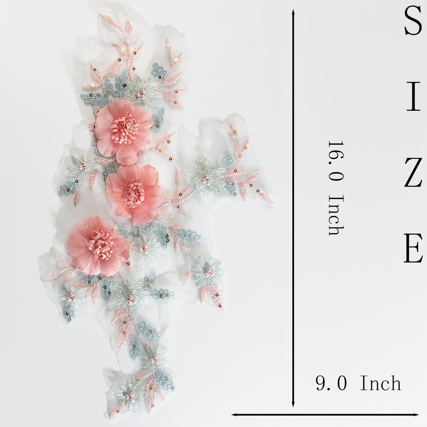 Silvora 3D Embroidered Beaded Pearl Flower Fabric Lace Applique, Handmade Sewing Tool for DIY Wedding Bridal Dress Floral Clothes Patches (Pink-Green)