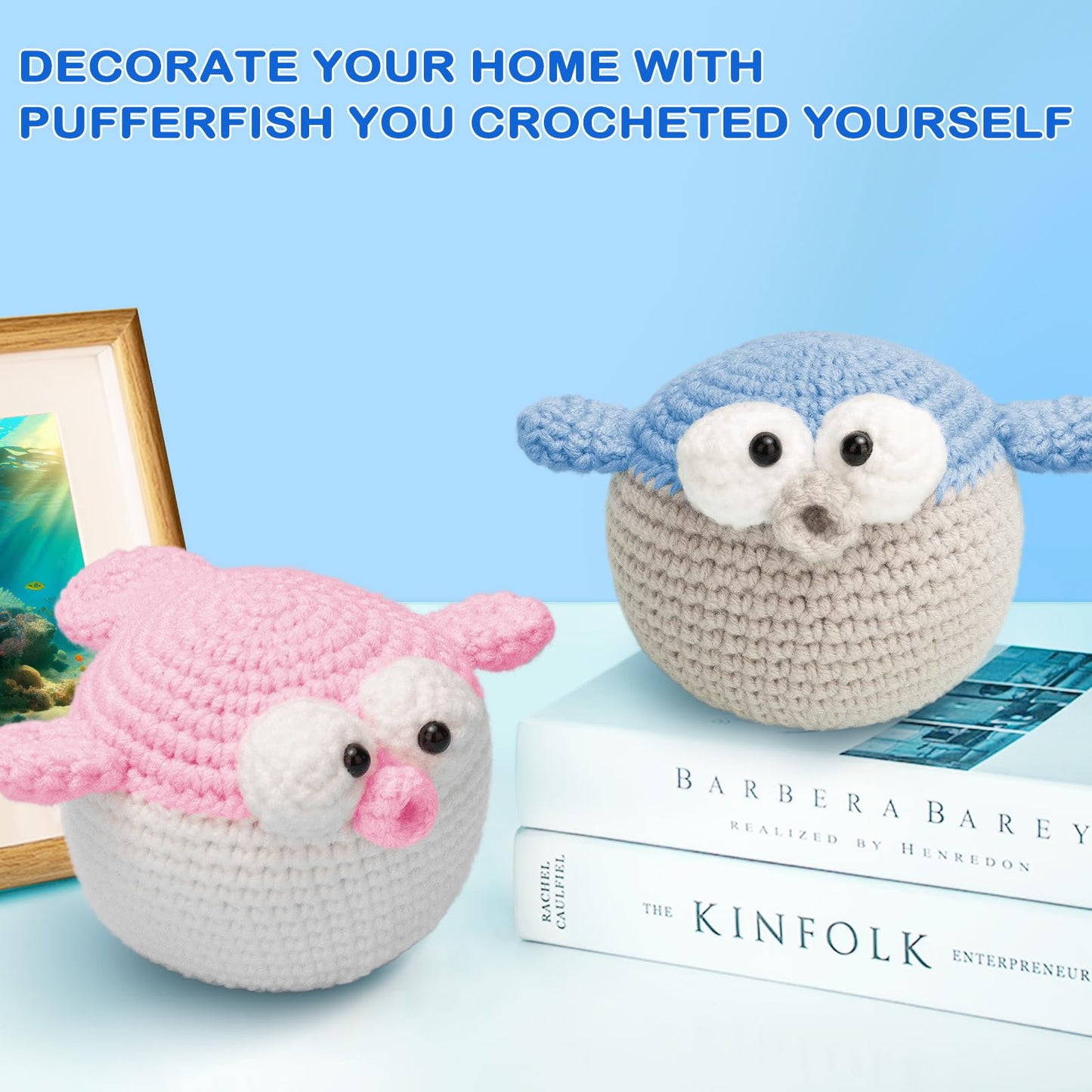 Crochetta Crochet Kit for Beginners, Beginner Crochet Starter Kit with Step-by-Step Video Tutorials, Learn to Crochet Kits for Adults and Kids, DIY Knitting Supplies, 2 Pack Pufferfish (40%+ Yarn)