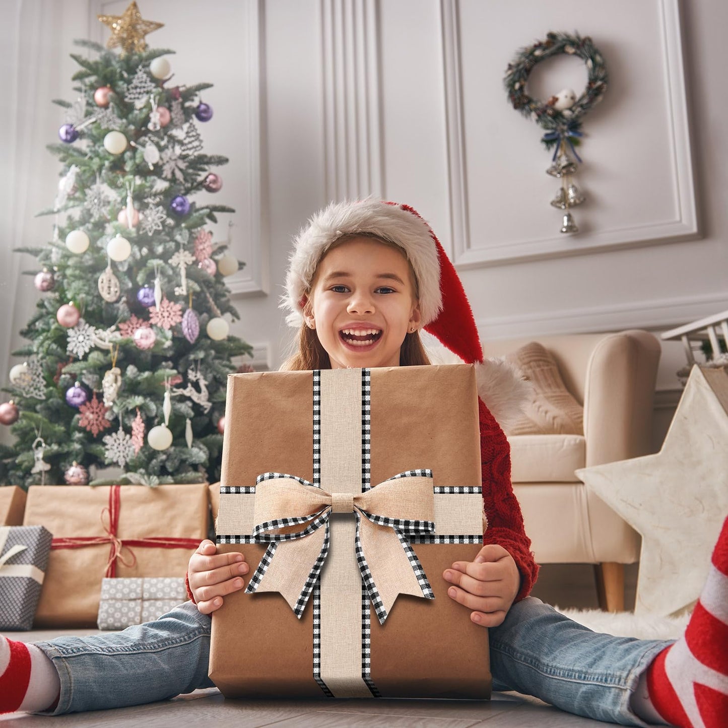 2 Rolls Christmas Buffalo Plaid Wired Edge Ribbons Christmas Tree Burlap Fabric Craft Wrapping Ribbon with Checkered Edge, 216 Inch(2.5 Inch Width,Black and White)