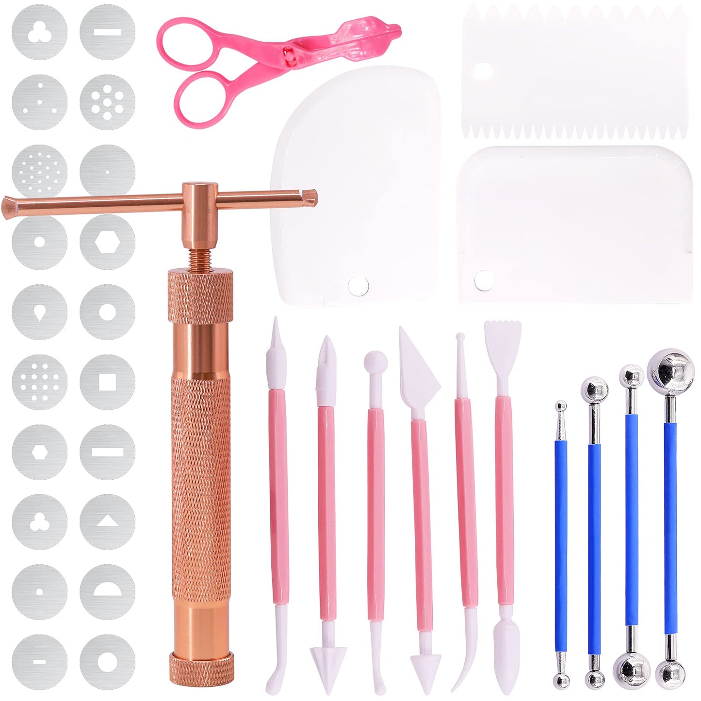 36Pcs Rose Gold Clay Extruder Gun Fondant Sugar Paste Extruder Clay Cake Sculpture Gun, Ball Stylus Dotting Tool with Plastic Scraper, Cake Decorating Supplies Modeling Tool