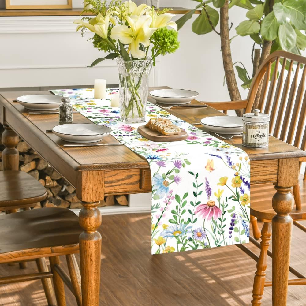 Daisy Eucalyptus Lavender Floral Leaves Summer Table Runner, Spring Kitchen Dining Table Decoration for Home Party Decor 13x36 Inch