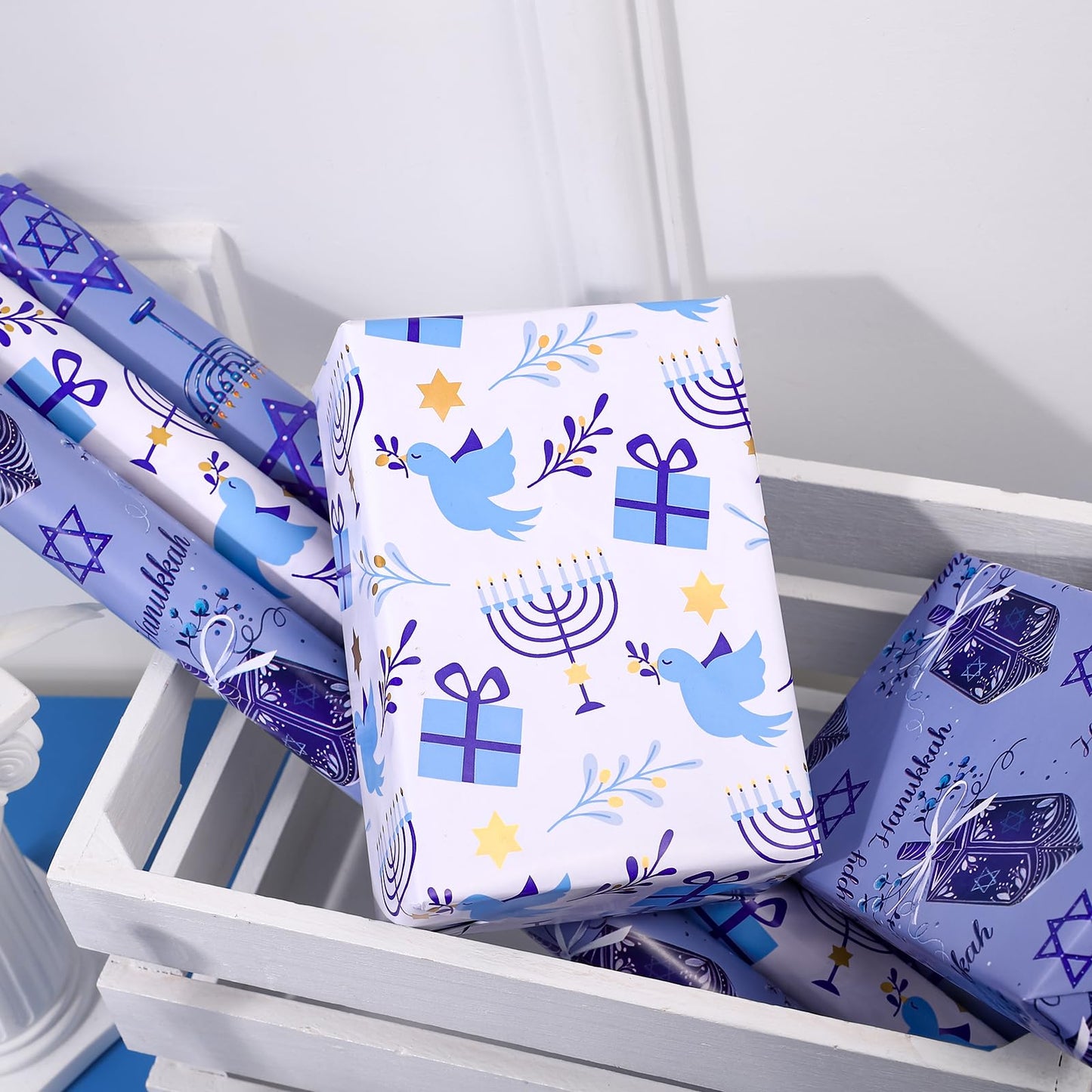 Hanukkah Wrapping Paper Roll - Mini Roll - 3 Rolls - 17 Inch x 120 Inch Per Roll - Menorah Lights, the Star of David and Dreidels Design