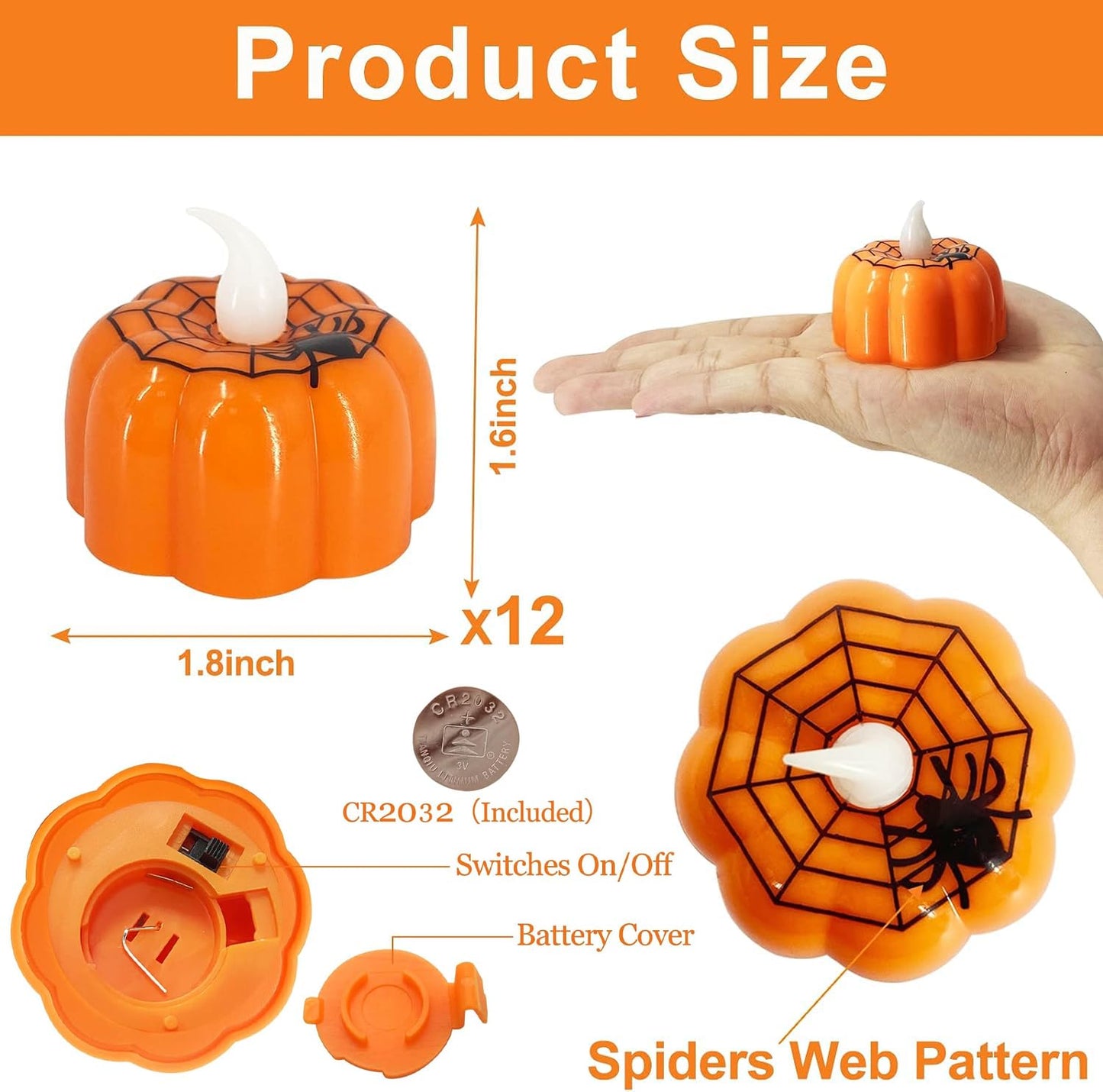 TURNMEON 12 Pack Halloween Pumpkin Tealights Candles with Spider Web Decor, LED Pumpkin Lights, Flame Less Candle Battery Operated Halloween Table Decorations Home Fireplace Party Thanksgiving Fall