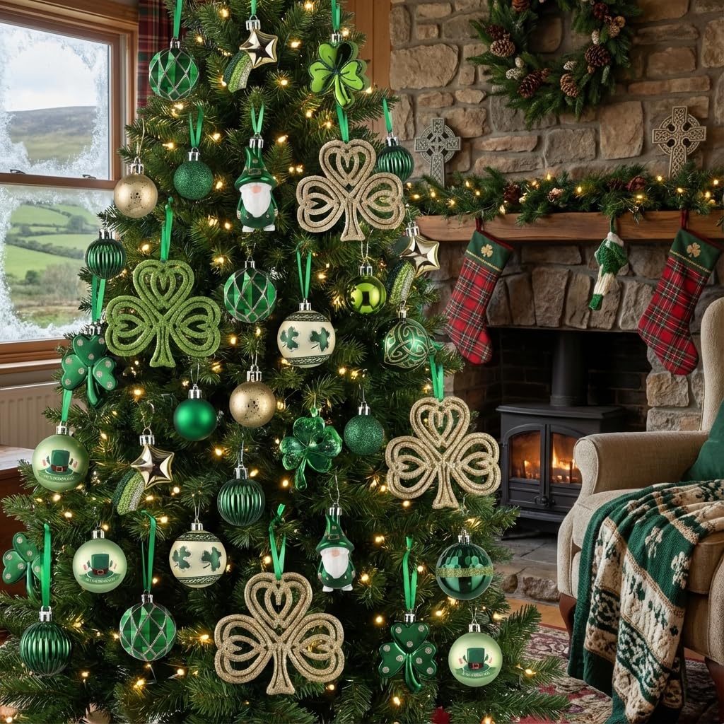 St Patricks Day Decorations Shamrock Tree Ornament,30pcs Hanging Ball Ornament Gnome Decor for Irish Festival, Good Luck Clover Emerald Green Gold Christmas Ball for Party Home Spring