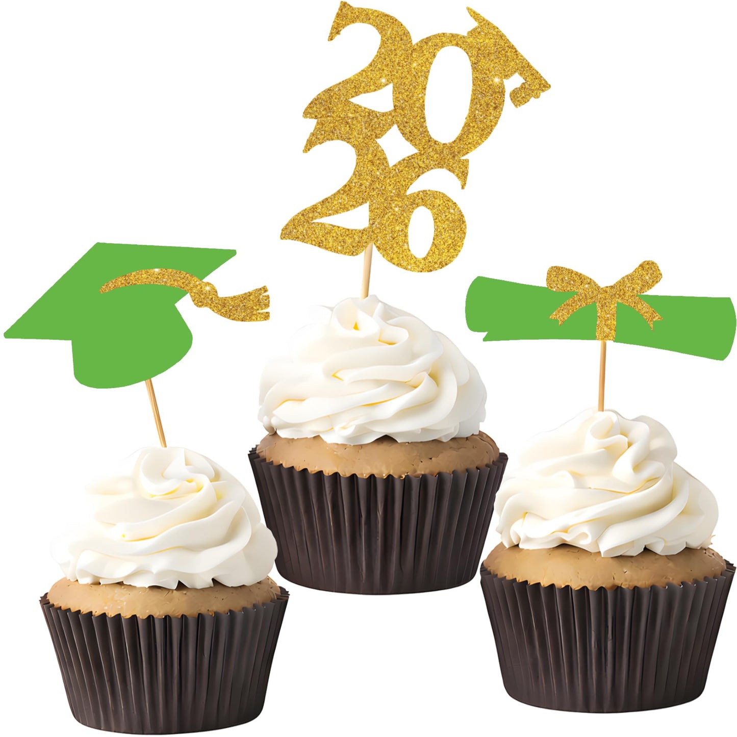 OHOME Graduation Decorations 2026-36 PCS Graduation Cupcake Toppers - 2026 Graduation Party Decorations - Mini Cake Decorations for Class of 2026,Diploma, 2026, Grad Cap Set (Green)