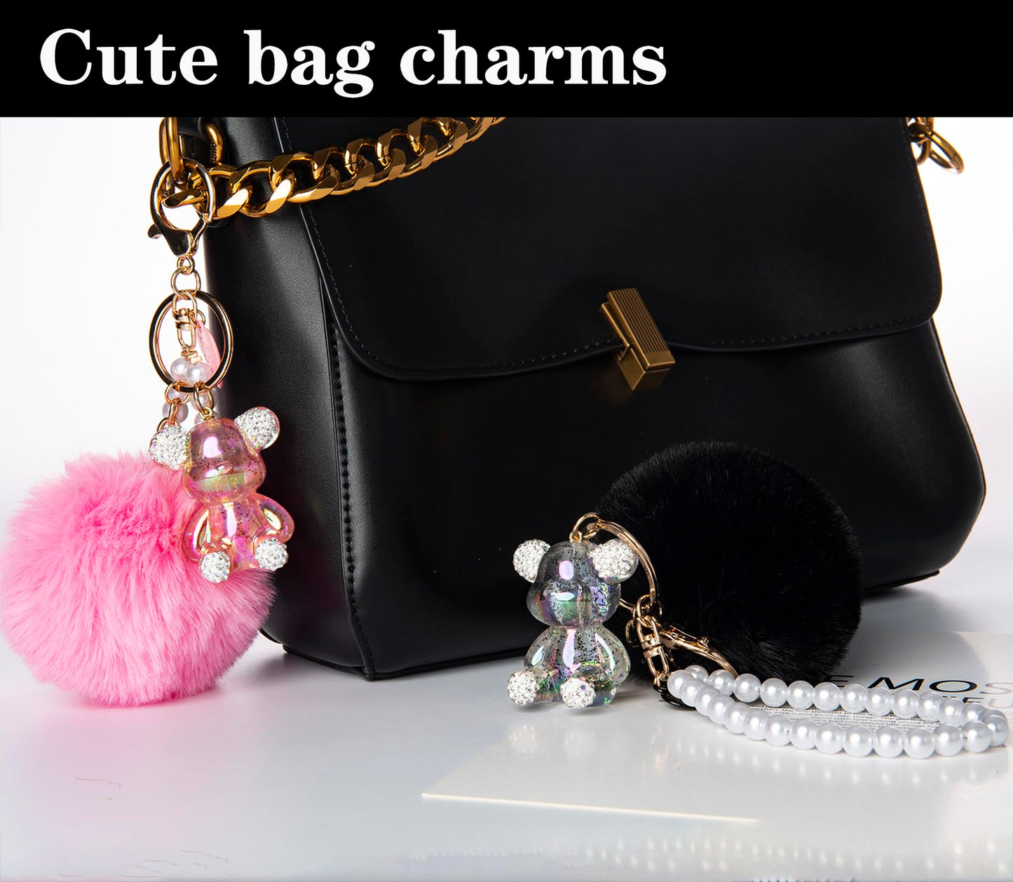 YOU WIZV Teddy Bear Keychain, Cute Bling Keychains for Women and Puff Ball key chains for Car Keys, Backpack, Purse Accessories, Aesthetic Black Pom Pom Keychain