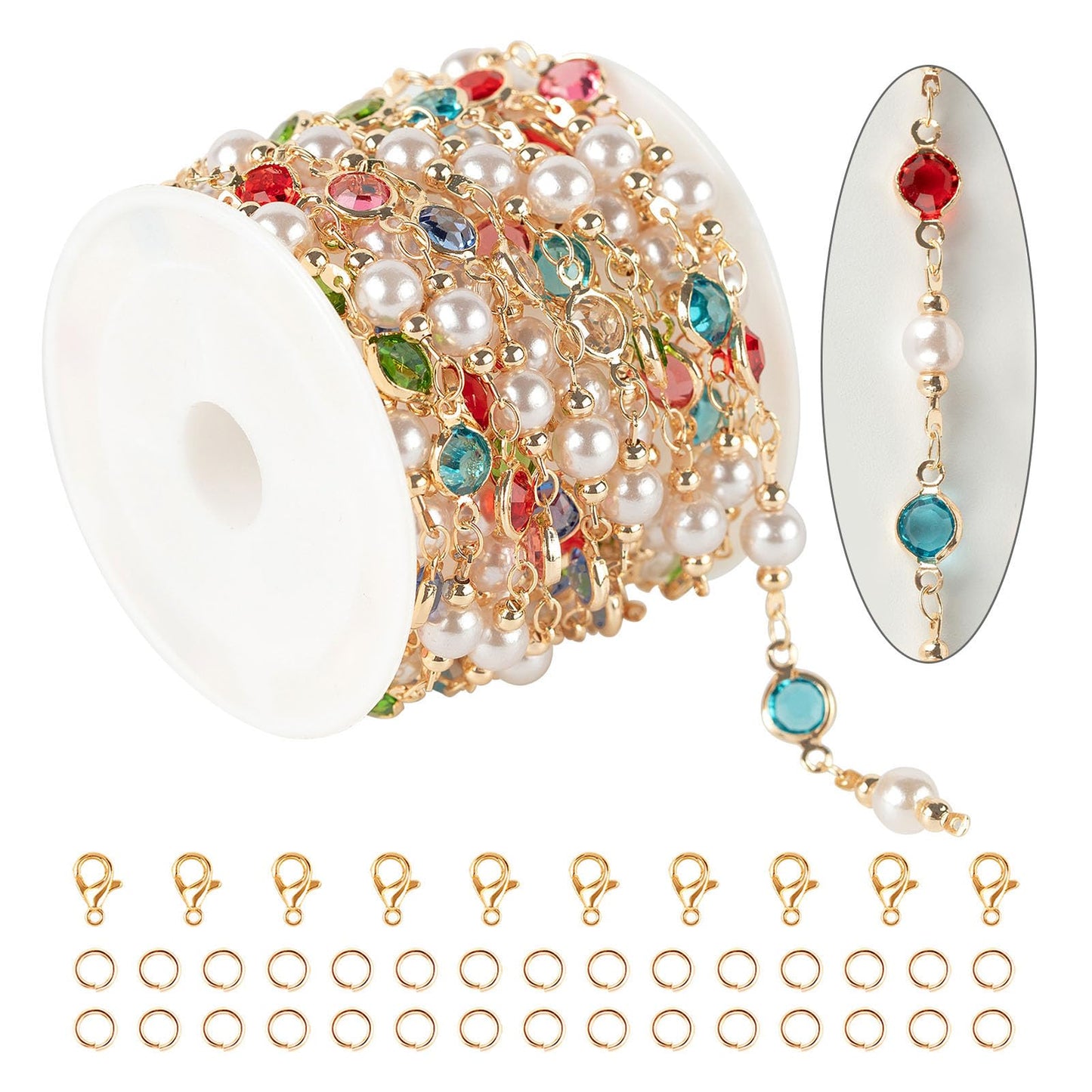 KYUNHOO 3M Artificial Pearl Chains for Jewelry Making, Mixed Color Rhinestone Jewelry Chains Bulk with Jump Rings and Lobster Clasps Jewelry Supplies Findings