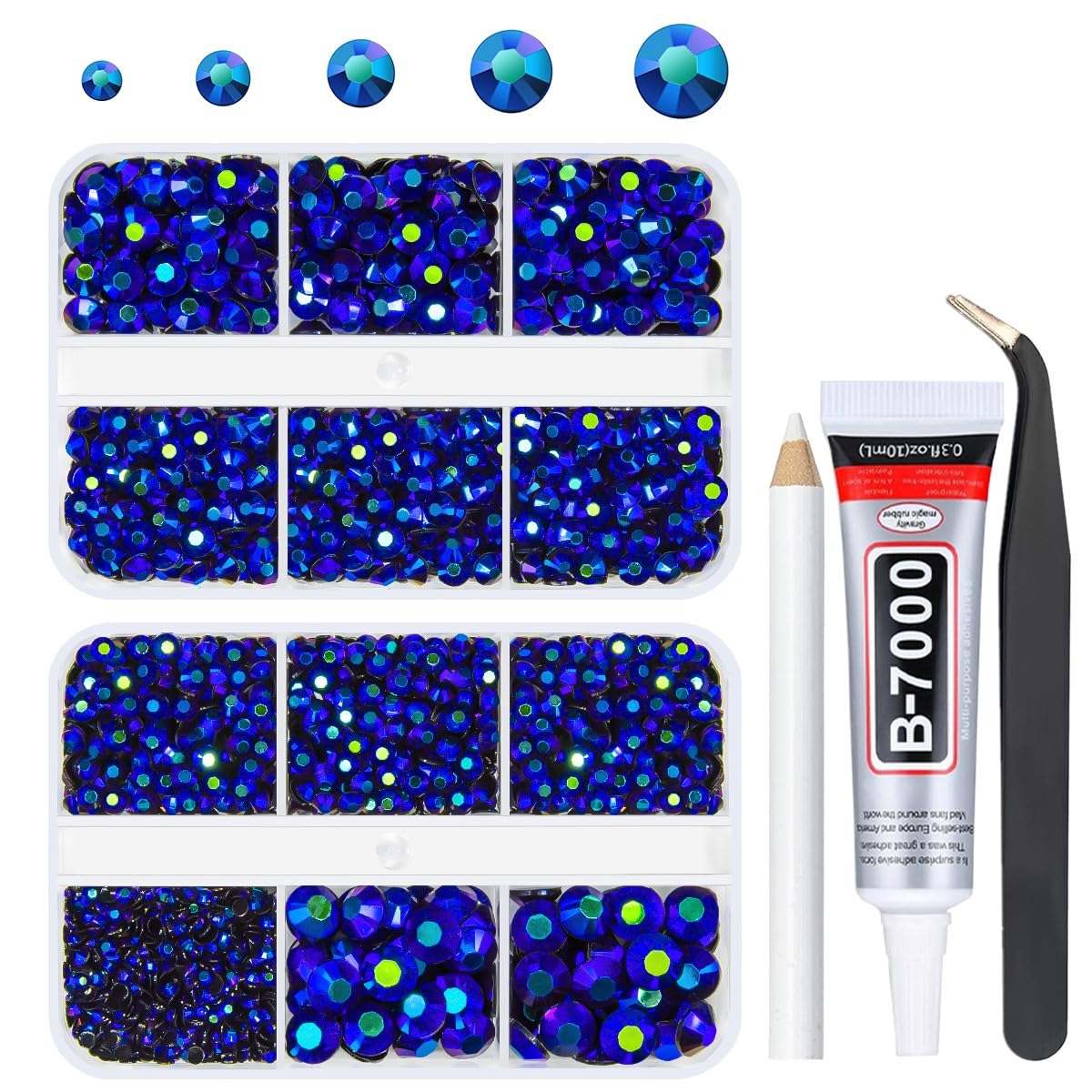 qiipii Sapphire Blue AB Resin Rhinestones w B7000 Glue for Bedazzling Crafting 2mm-6mm Black AB Flatback Jelly Stones Diamonds Gems for Face Eyes Makeup Tumblers Bottles Crafts Clothes Shoes Phones