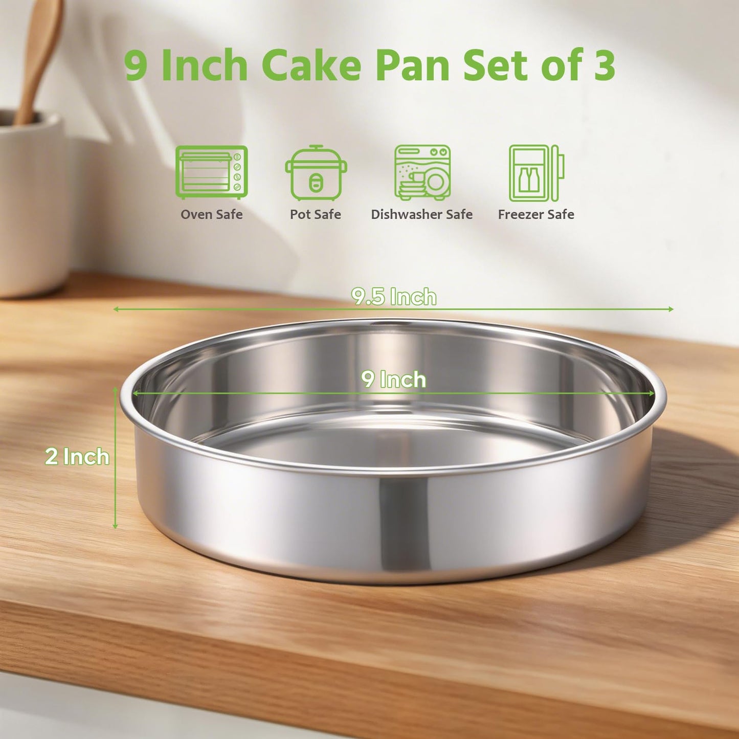 E-far 9 Inch Cake Pan Set of 3, Stainless Steel Round Cake Baking Pans, Non-Toxic & Healthy, Mirror Finish & Dishwasher Safe