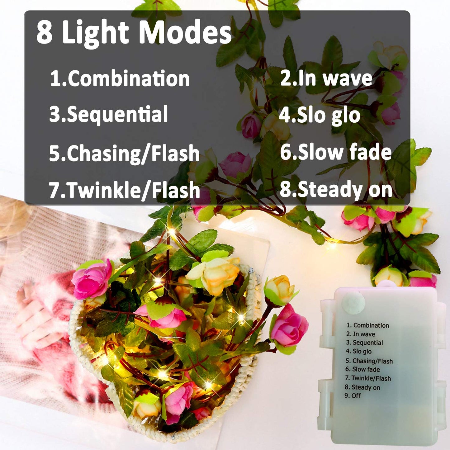 String Lights, 8 Light Modes 6ft 20 LED Rose Flower Garlands for Indoor Outdoor Decor, Fairy Light for Women Wedding Wall Windows Home Garden Party, Battery Powered Waterproof
