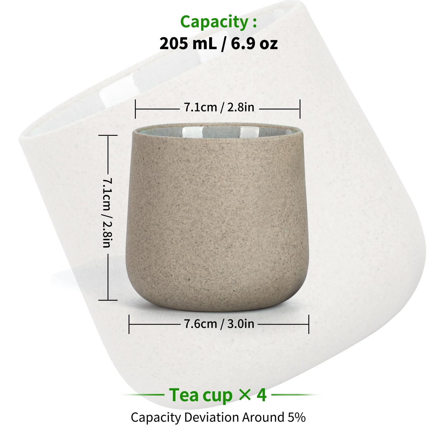 Japanese Tea Cups, Chinese Tea Cup, 7.2Oz / 205 Ml, Ceramic Tea Cup for Adults, Ceramic Cups no Handles, Japanese Cups, Asian Matcha Cup, Darker Grey, 4 Pcs/Box, H4
