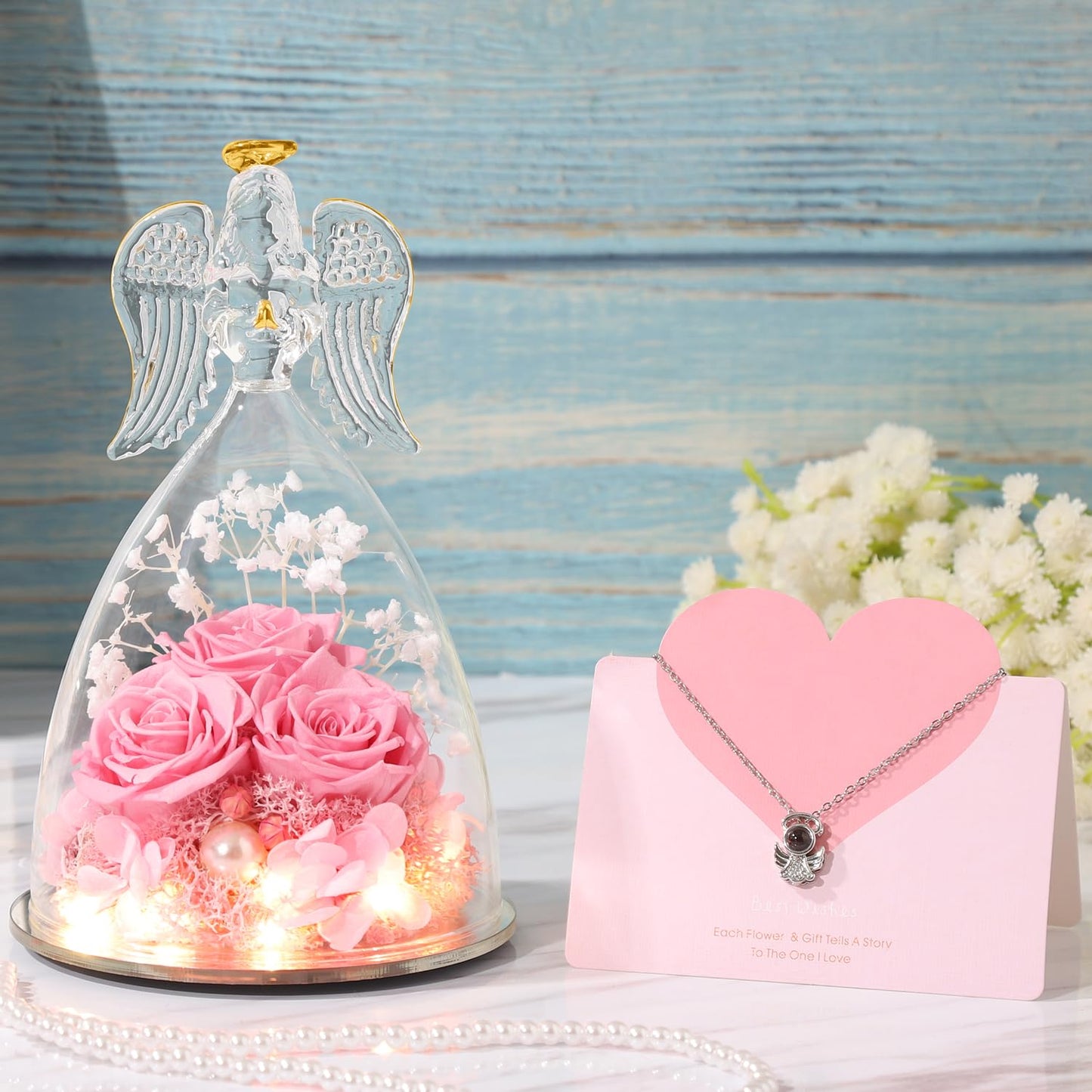 Mothers Day Birthday Gifts for Her Preserved Real Rose in Angel Glass Crystal Angel Figurines