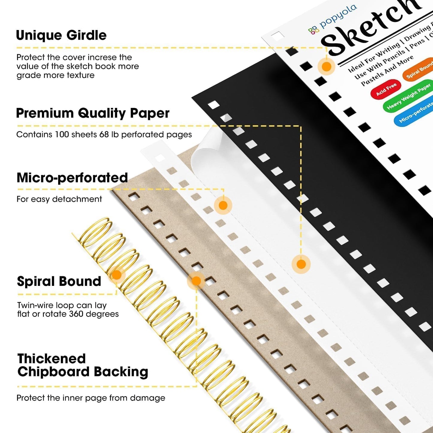 9" x 12" Sketch Book with Bookmark Ruler, 100 Sheets Spiral Sketchbook for Drawing (68lb/100gsm), Acid Free Sketch Pad Artist Sketching Drawing Paper for Kids Teens Adults Artists