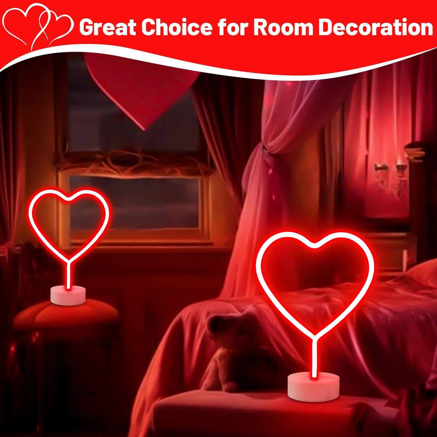 2 Pack Heart Neon Signs, LED Lights Battery Operated or USB Powered Decoration Lamp, Neon Lights Decor for Valentine's Day Gifts, Wedding, Party, Pink Room Decor (Red Heart)