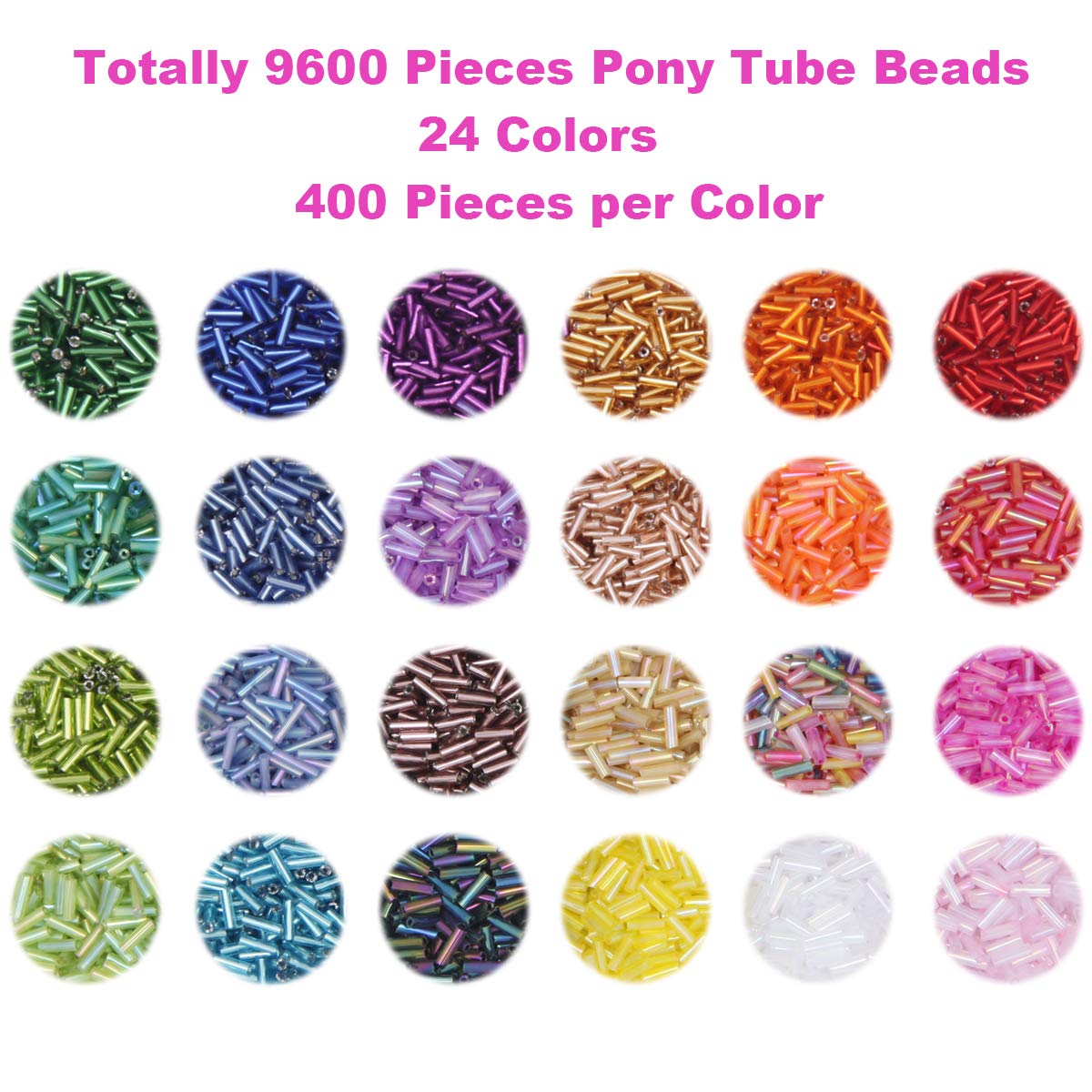 9600pcs Tube Beads Kit Glass Bugle Seed Beads Small Craft Beads for DIY Bracelet Necklaces Crafting Jewelry Making Supplies with Two Crystal String (7mm, 400 Per Color, 24 Colors)