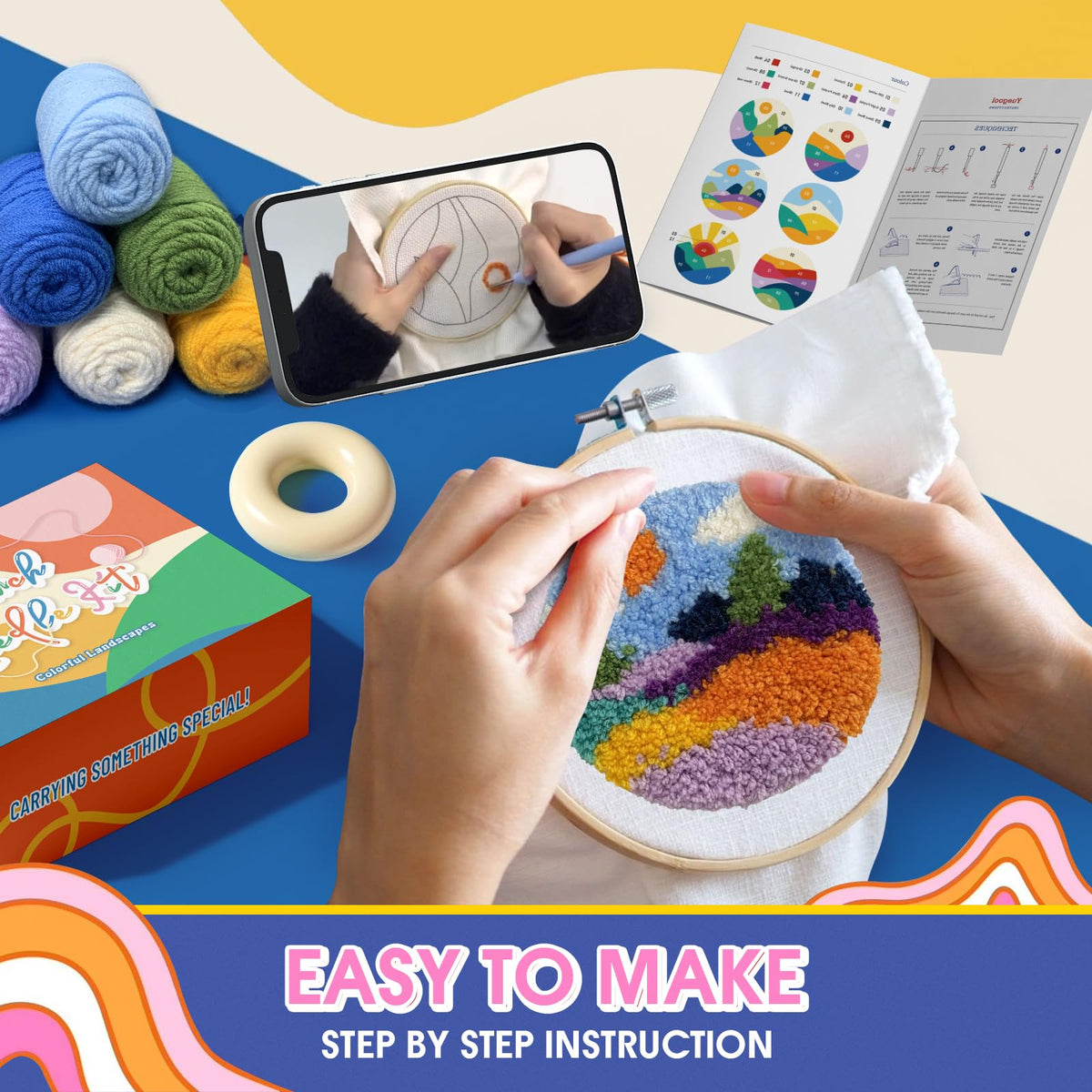 yuegool 6PCS Landscapes Punch Needle Coasters Kit,Easy DIY Punch Needle Embroidery Kit for Beginners Adults Kids Including Patterns, Tools, Yarns, Hoop, Instruction, Coaster Holder Art Craft Supplies