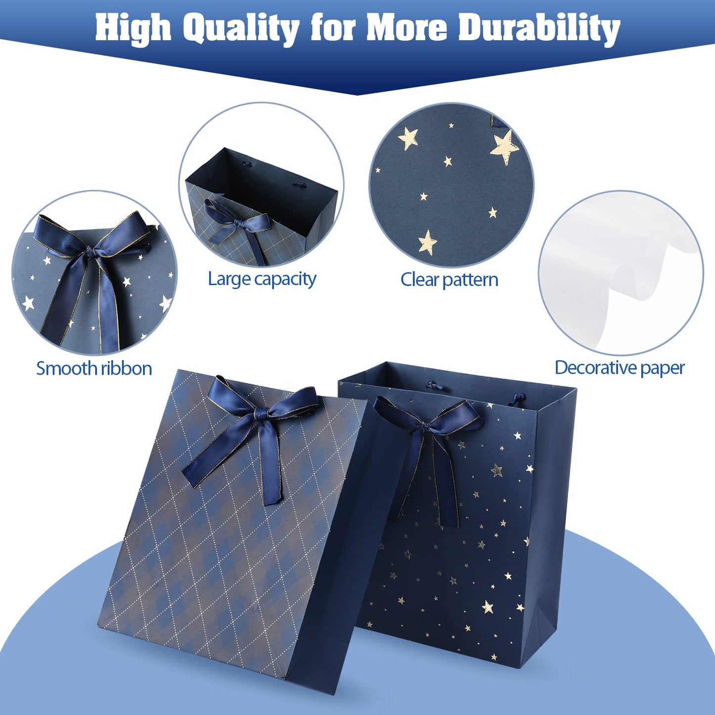 4 Pack 13" Large Size Gift Bags Assorted Premium Blue Gift Bags with Tissue Paper Use for Birthdays, Baby Shower,weddings,Party Favor, Holiday Presents-10" X 5" X 13"