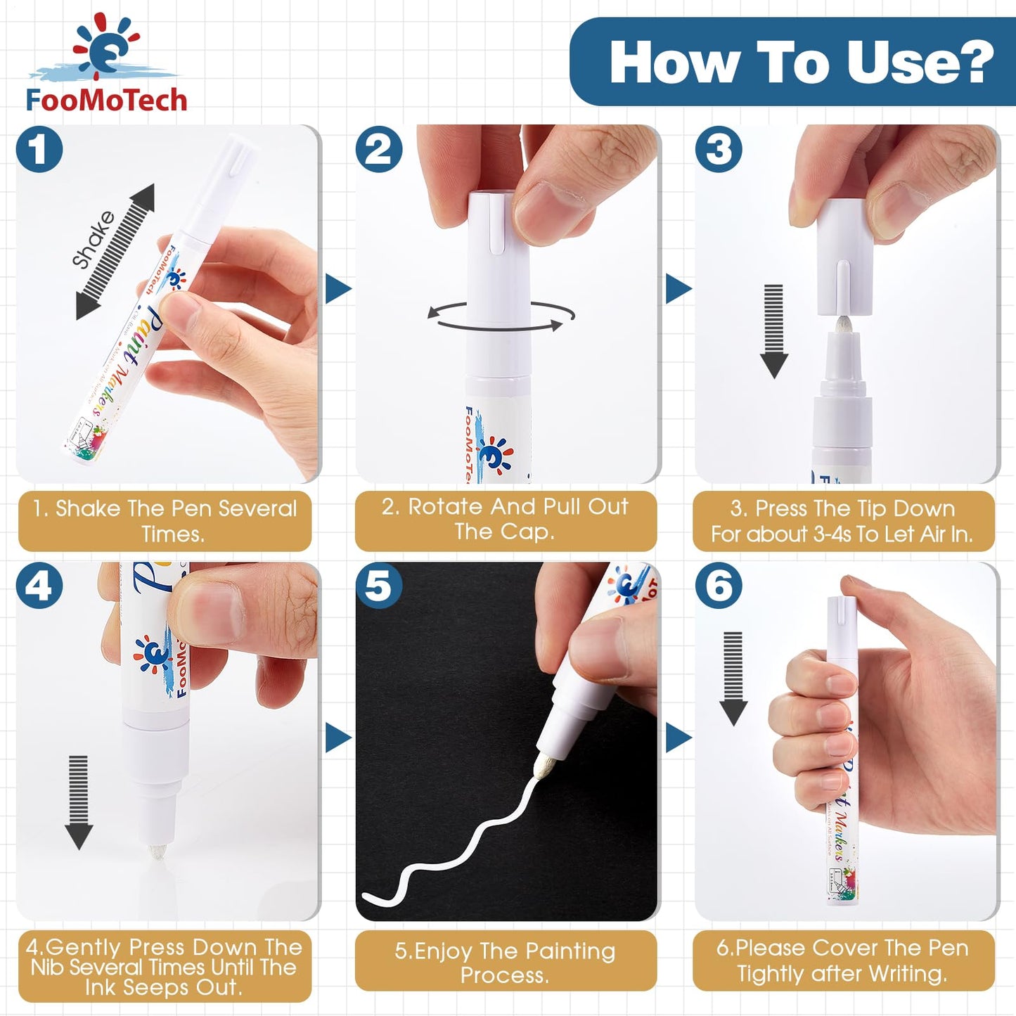 FooMoTech White Paint Pen Paint Markers - Permanent Acrylic Markers 2 Pack, Oil Based, Medium Tip, Quick Dry, Wateproof Paint Markers for Rock, Fabric, Metal, Wood, Plastic, Canvas, Leather, Glass