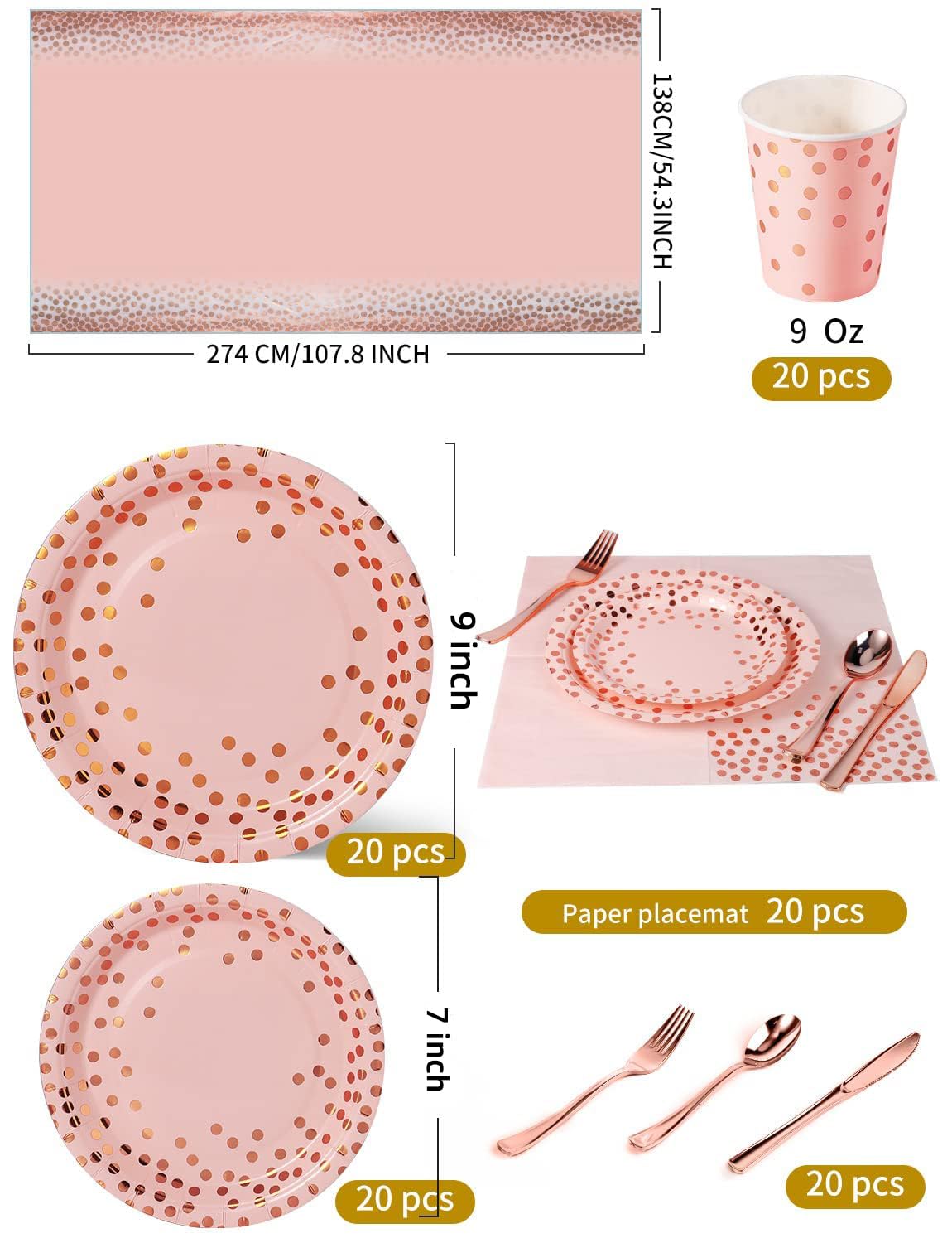 Nkaiso 141 Pieces Pink and Rose Gold Party Supplies, Disposable Party Decorations Sets Include Paper Plates Napkins Cups, Plastic Forks Knives Spoons, for Baby Shower Birthday Wedding -20 Guests