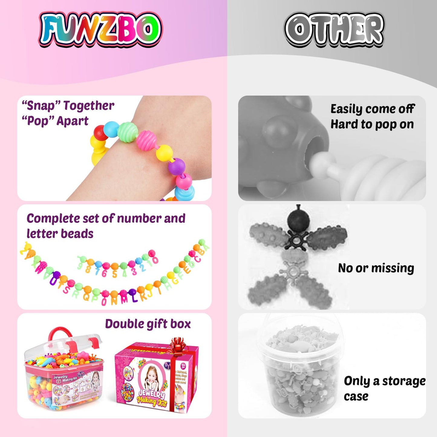 FUNZBO 520+ Snap Pop Beads - Jewelry Making Kit, Arts and Crafts for Kids Ages 4-8, Toys for 3 4 5 6 Years Old Girls Birthday Gifts Ideas, Bracelet Necklace Ring Set for Little Girls